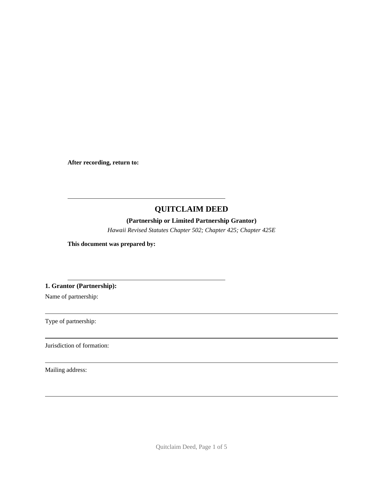 Honolulu County Quitclaim Deed (Partnership or Limited Partnership Grantor) Form