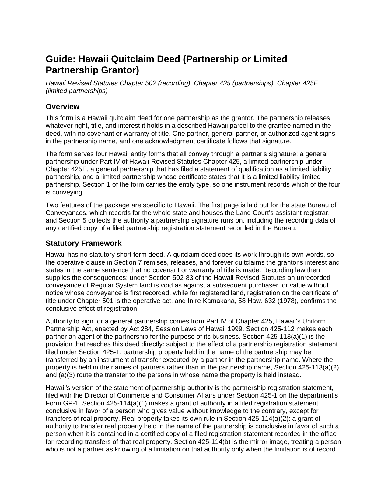 Honolulu County Quitclaim Deed (Partnership or Limited Partnership Grantor) Guide