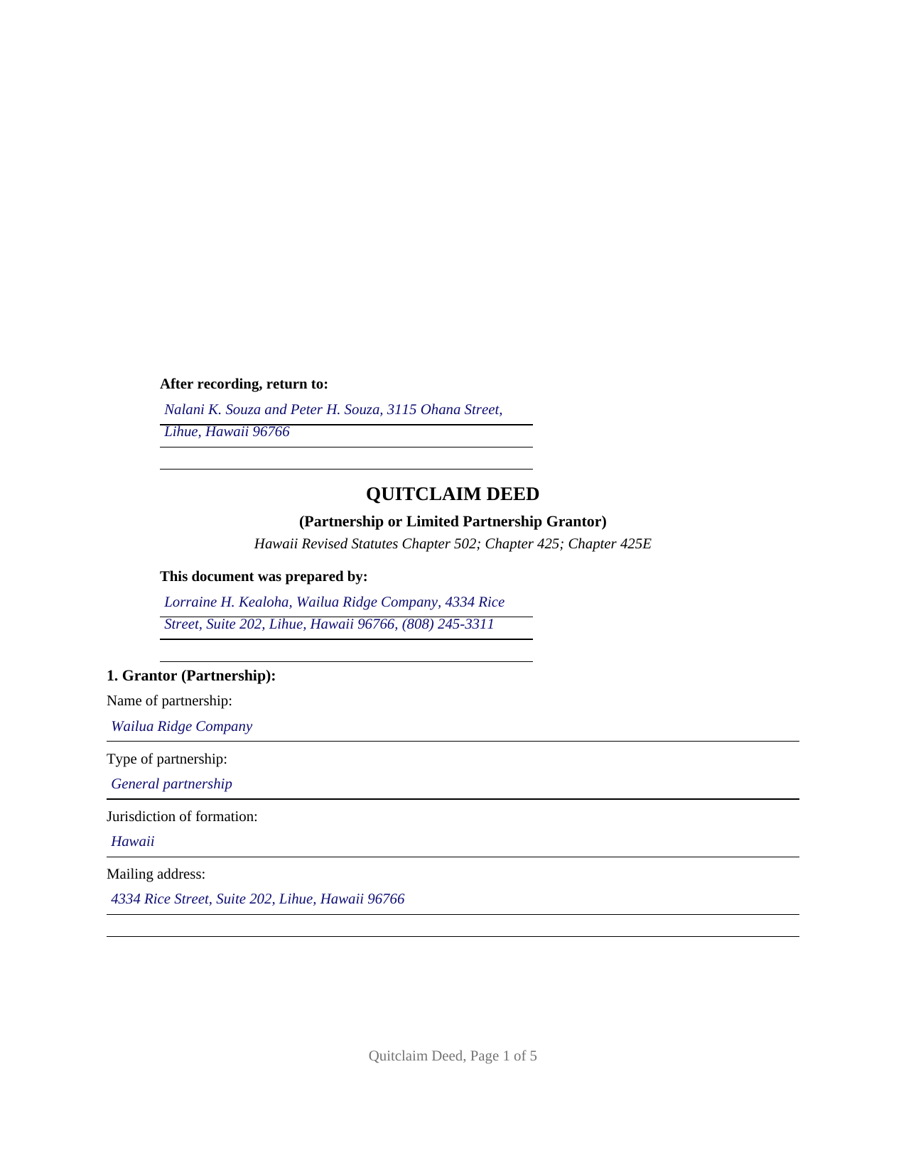 Honolulu County Completed Example of the Quitclaim Deed (Partnership or Limited Partnership Grantor) Document