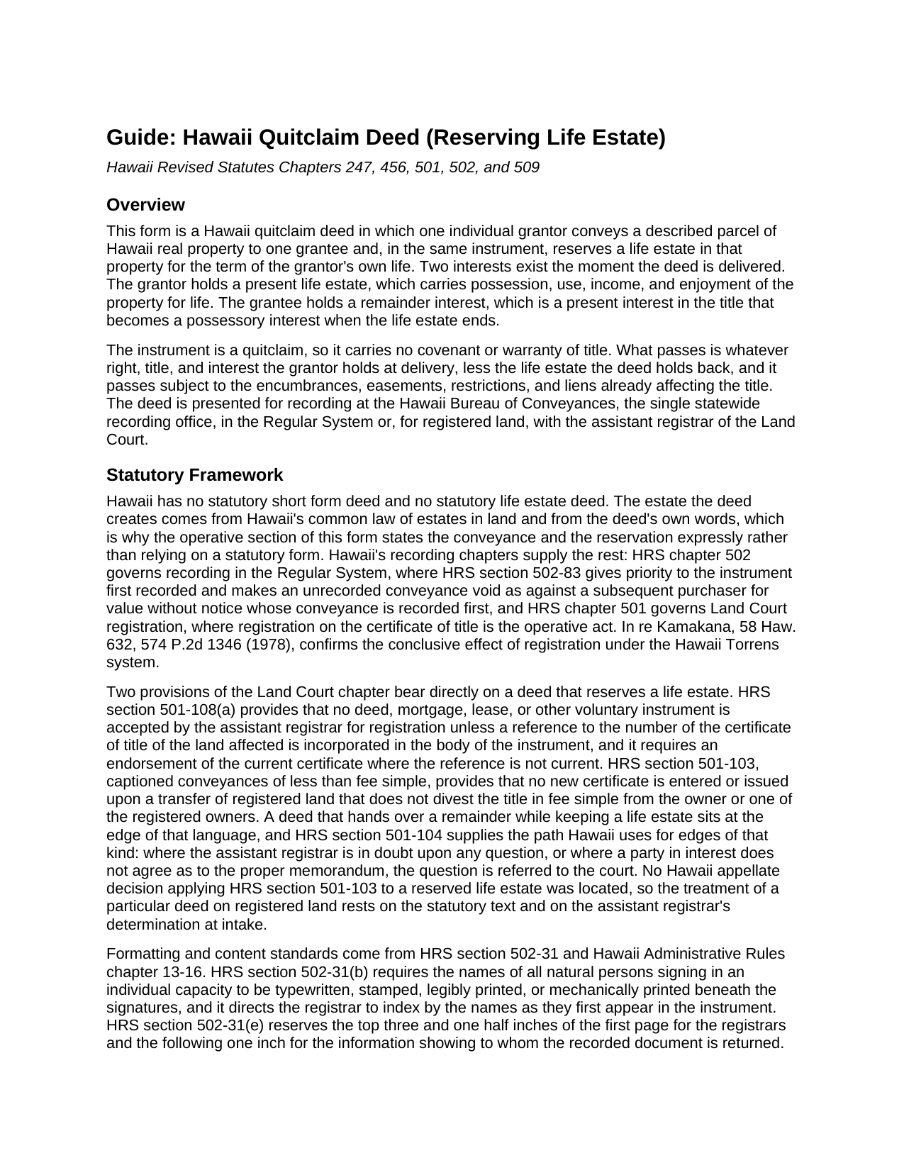 Honolulu County Quitclaim Deed (Reserving Life Estate) Guide