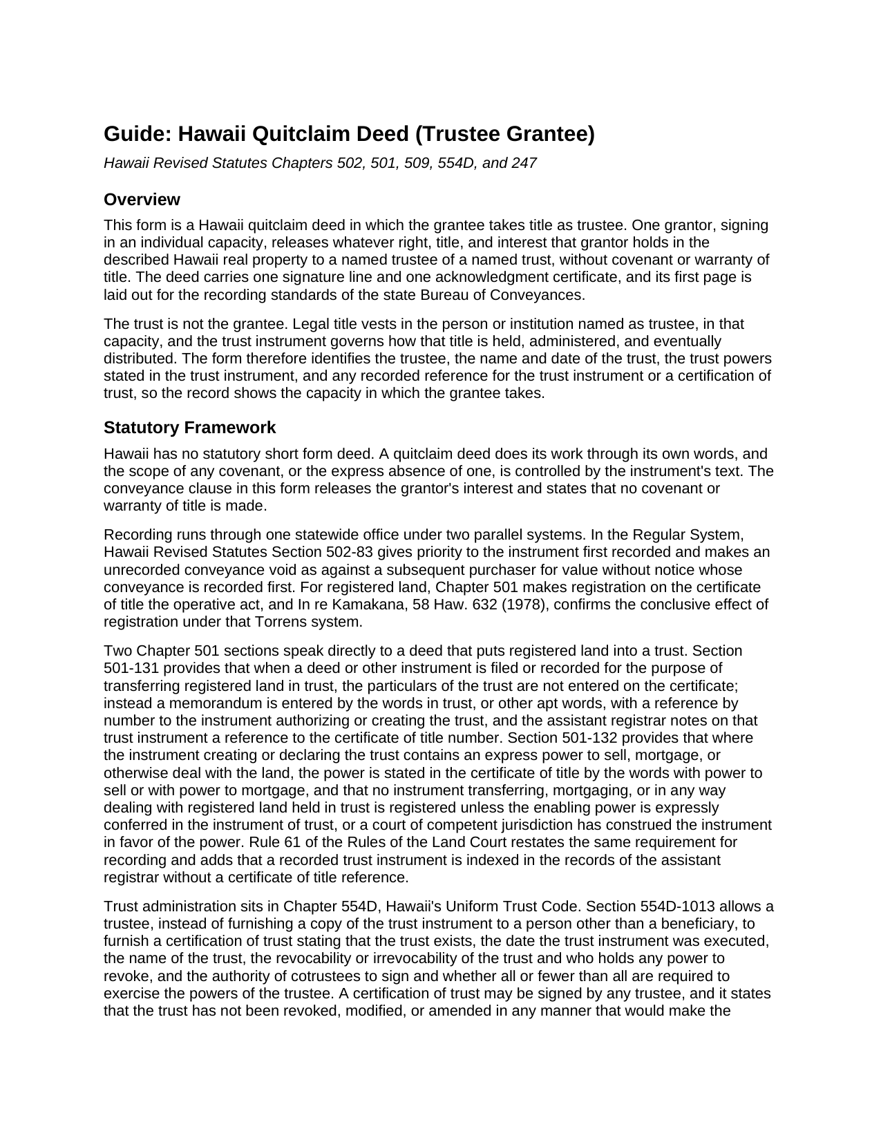 Kauai County Quitclaim Deed (Trustee Grantee) Guide