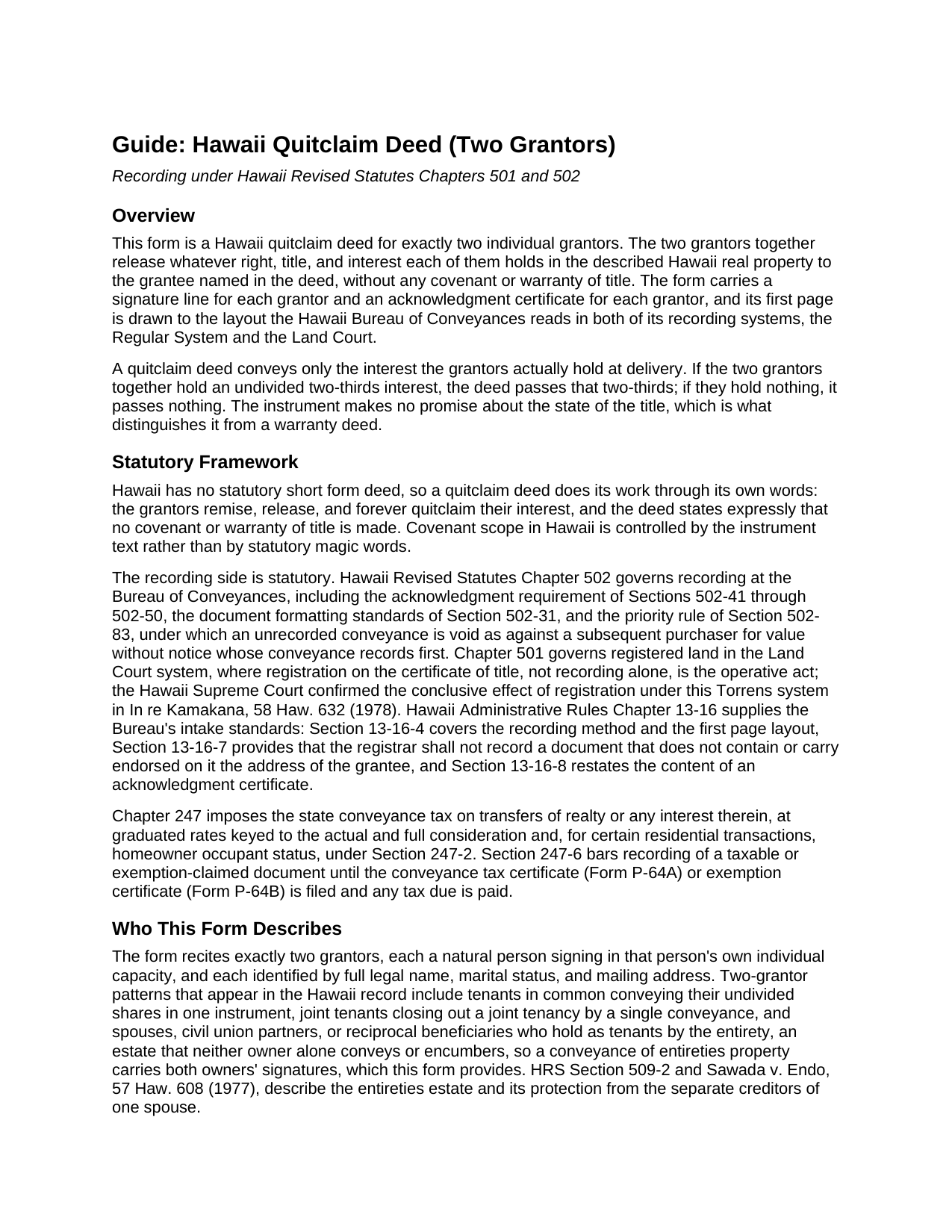 Honolulu County Quitclaim Deed (Two Grantors) Guide