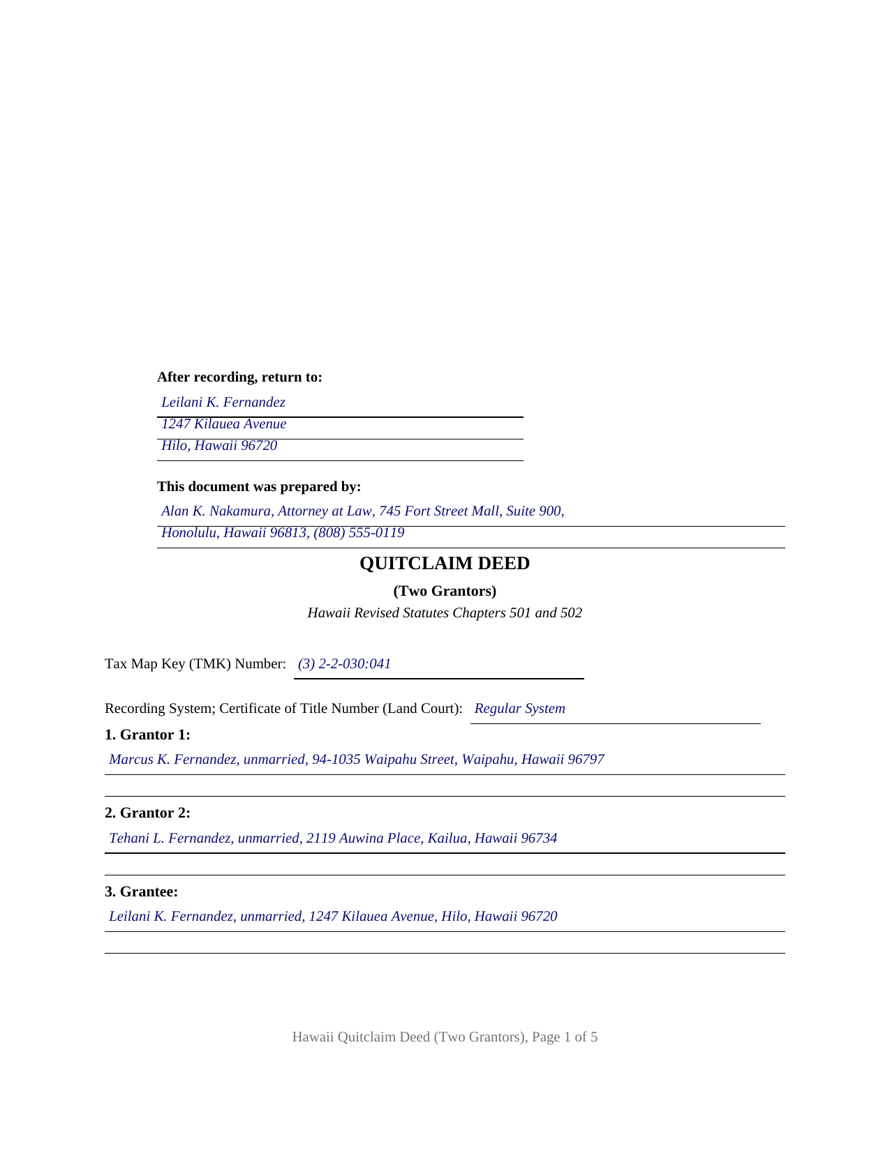 Honolulu County Completed Example of the Quitclaim Deed (Two Grantors) Document