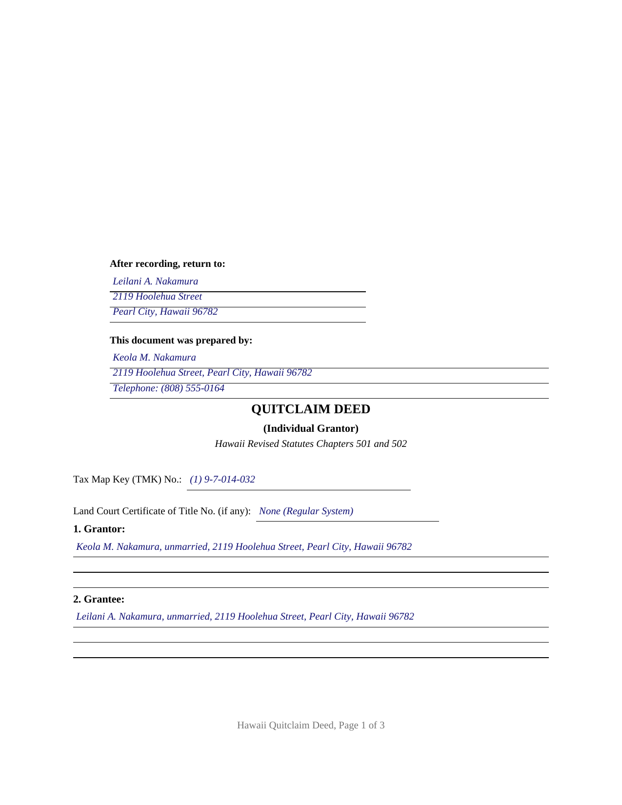 Kauai County Completed Example of the Quitclaim Deed Document