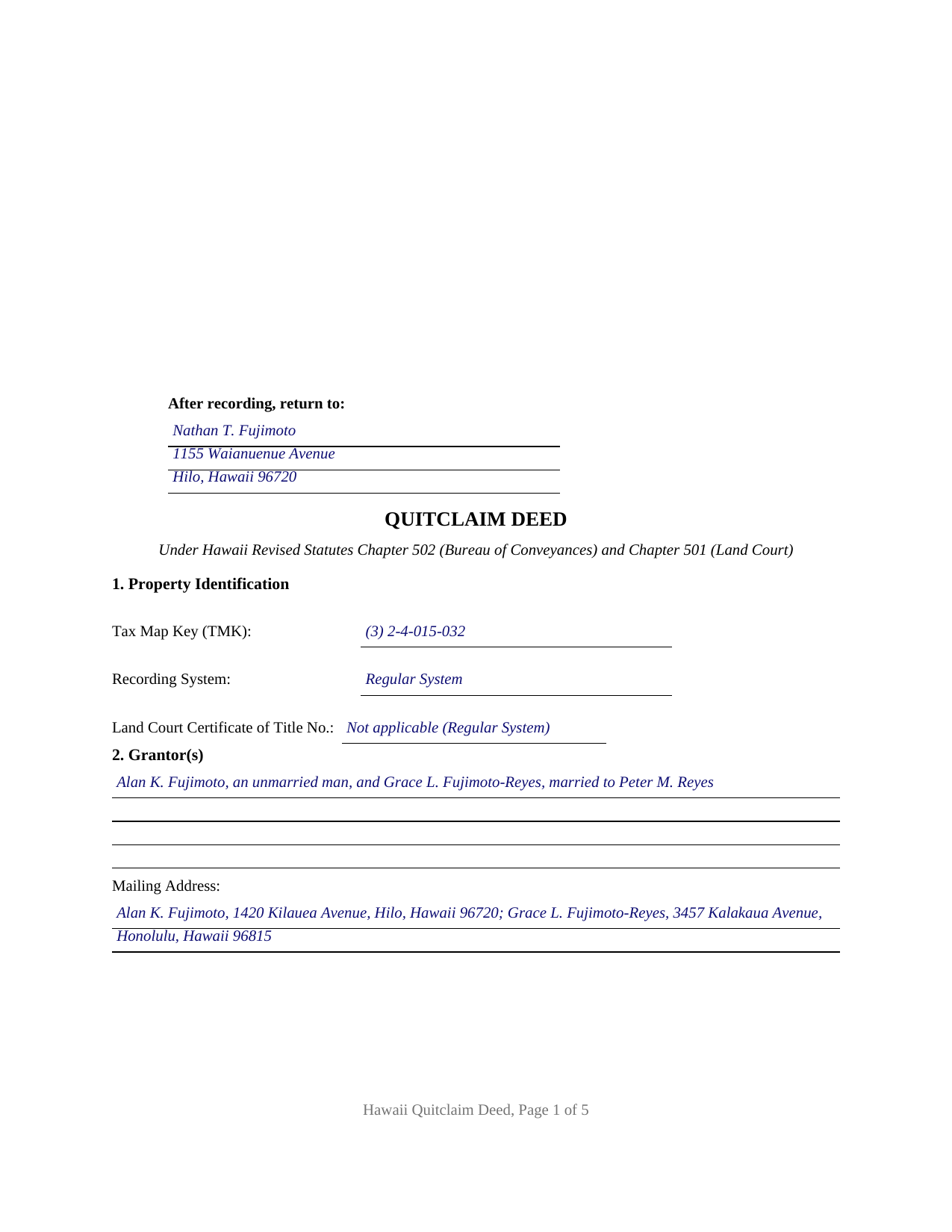 Honolulu County Completed Example of the Quitclaim Deed Document