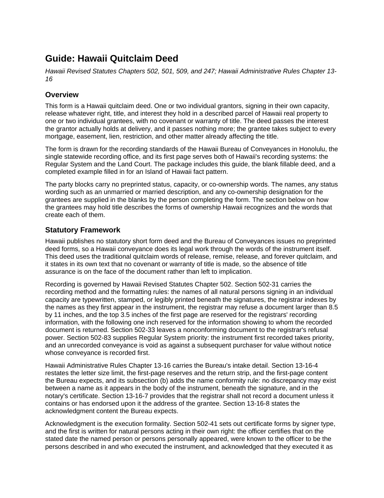 Honolulu County Quitclaim Deed Guide