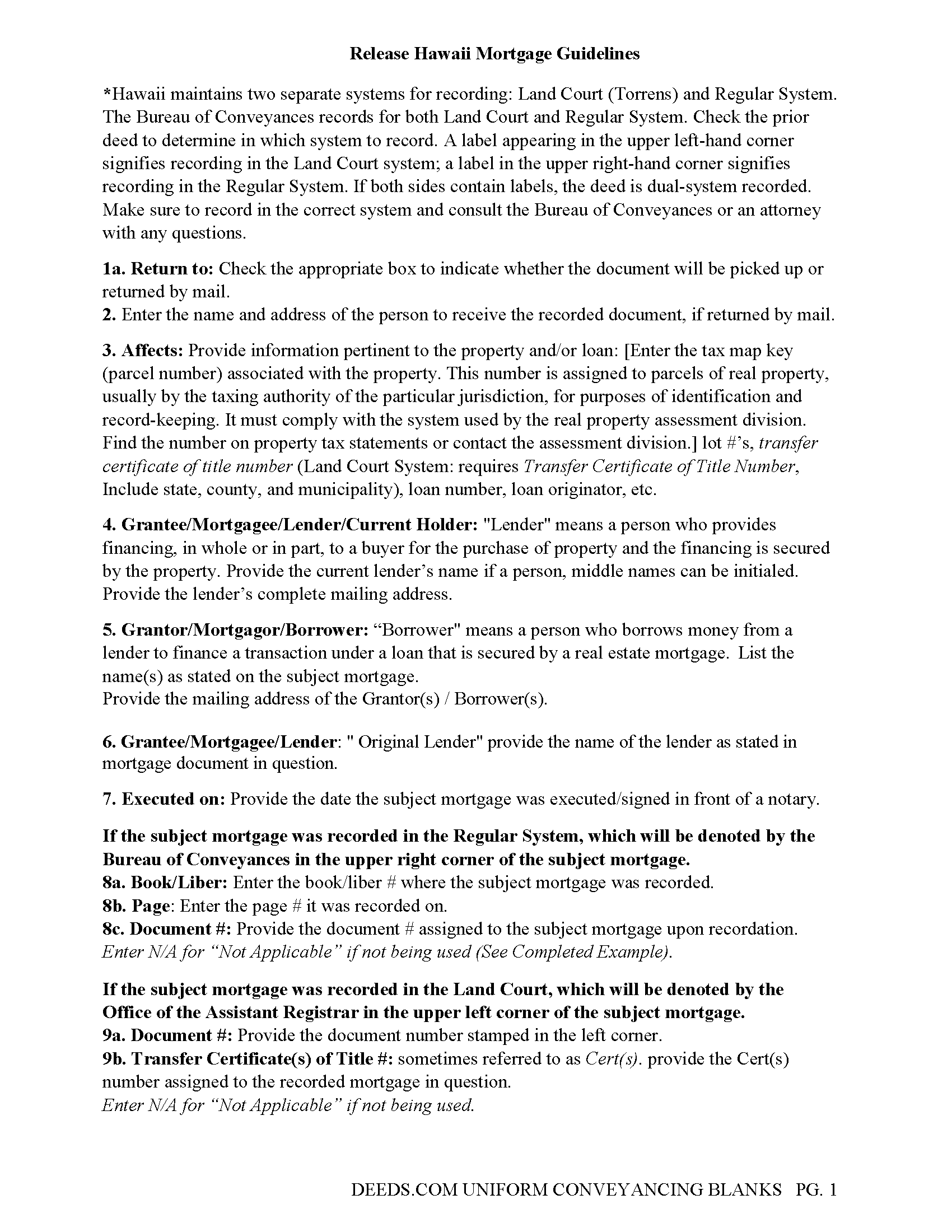 Hawaii County Release of Mortgage Guidelines