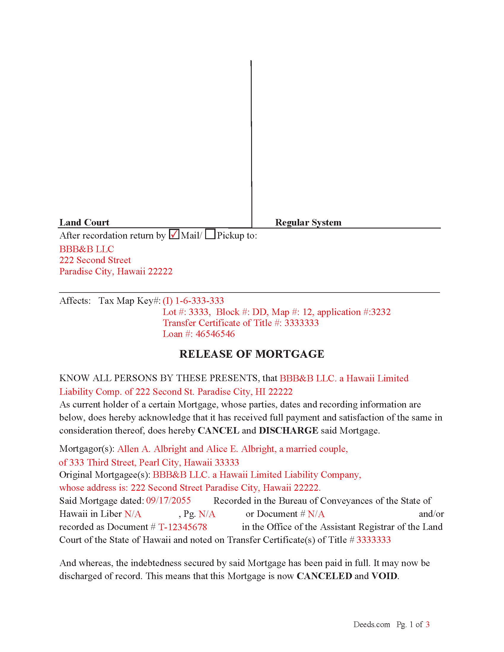 Hawaii County Completed Example of the Release of Mortgage Document