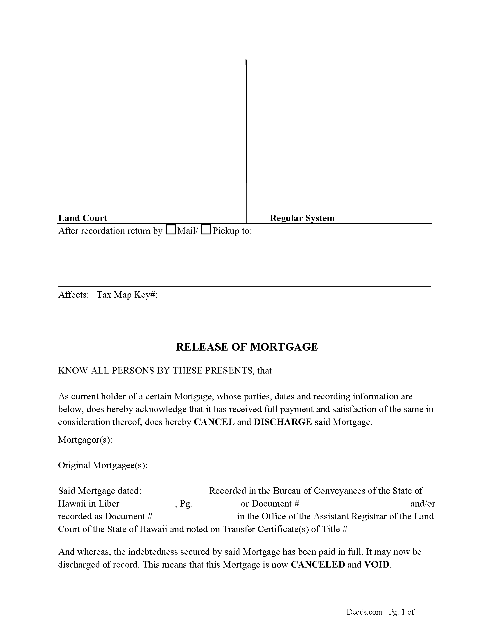 Hawaii County Release of Mortgage Form