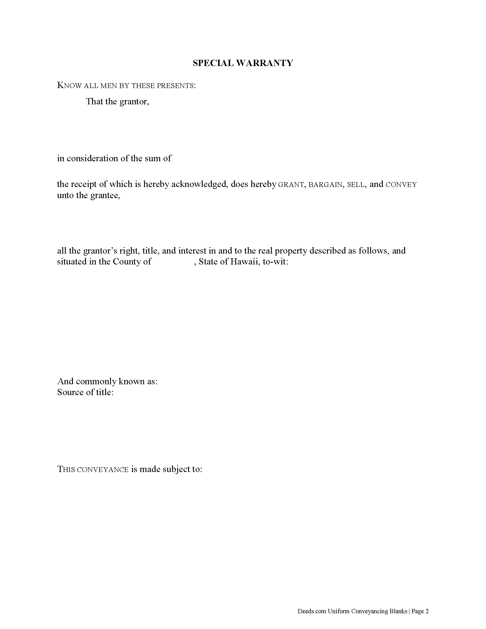 Honolulu County Special Warranty Deed Form
