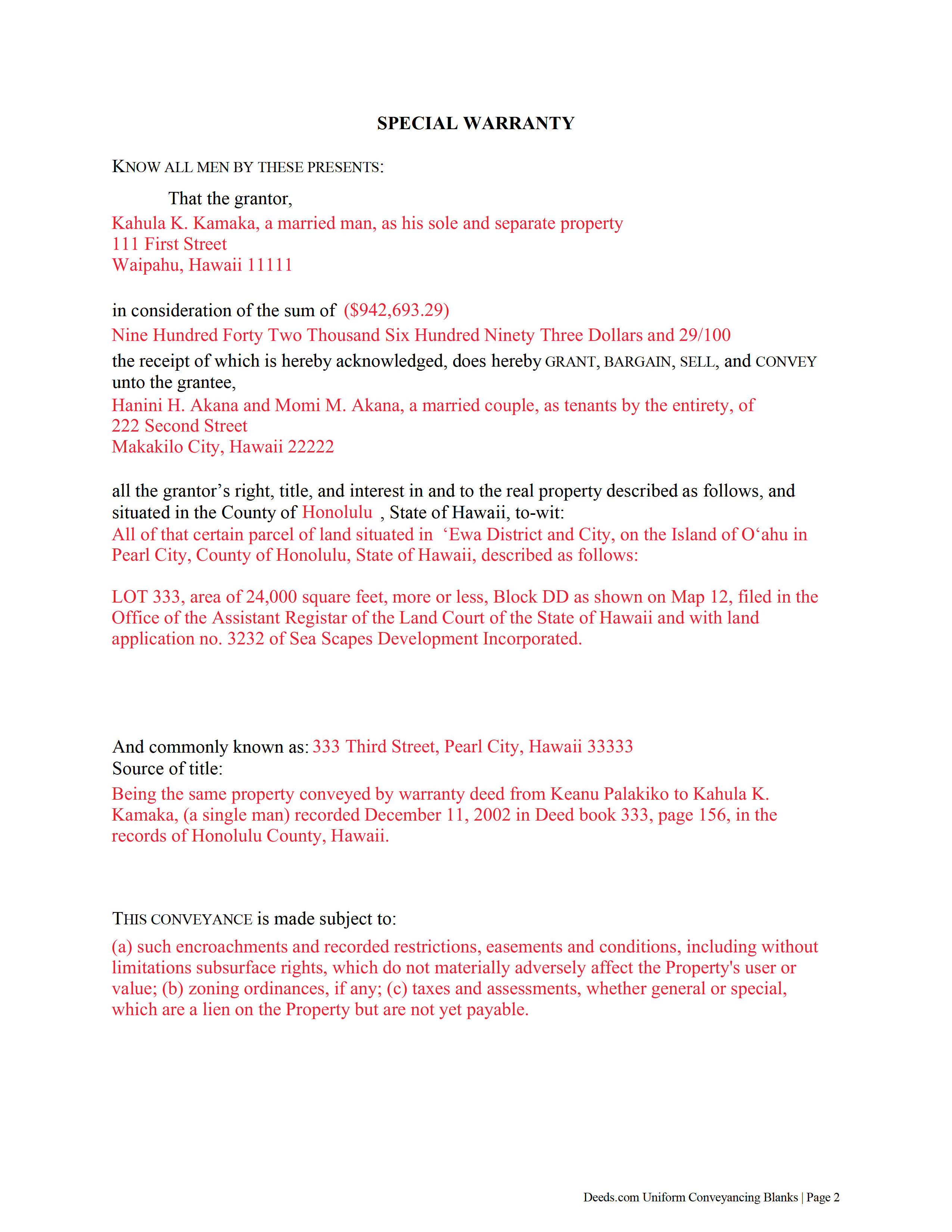 Completed Example of the Special Warranty Deed Document