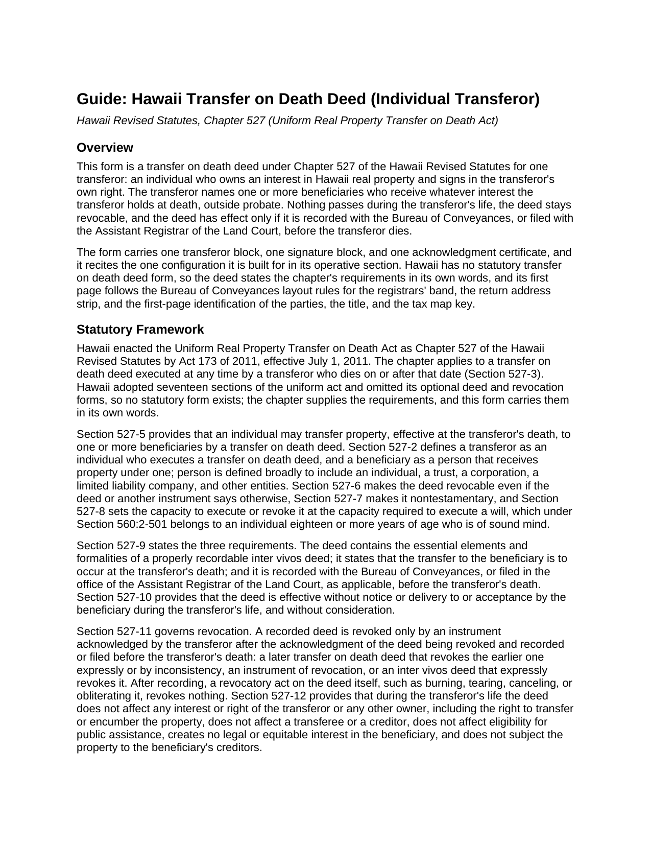Maui County Transfer on Death Deed (Individual Transferor) Guide