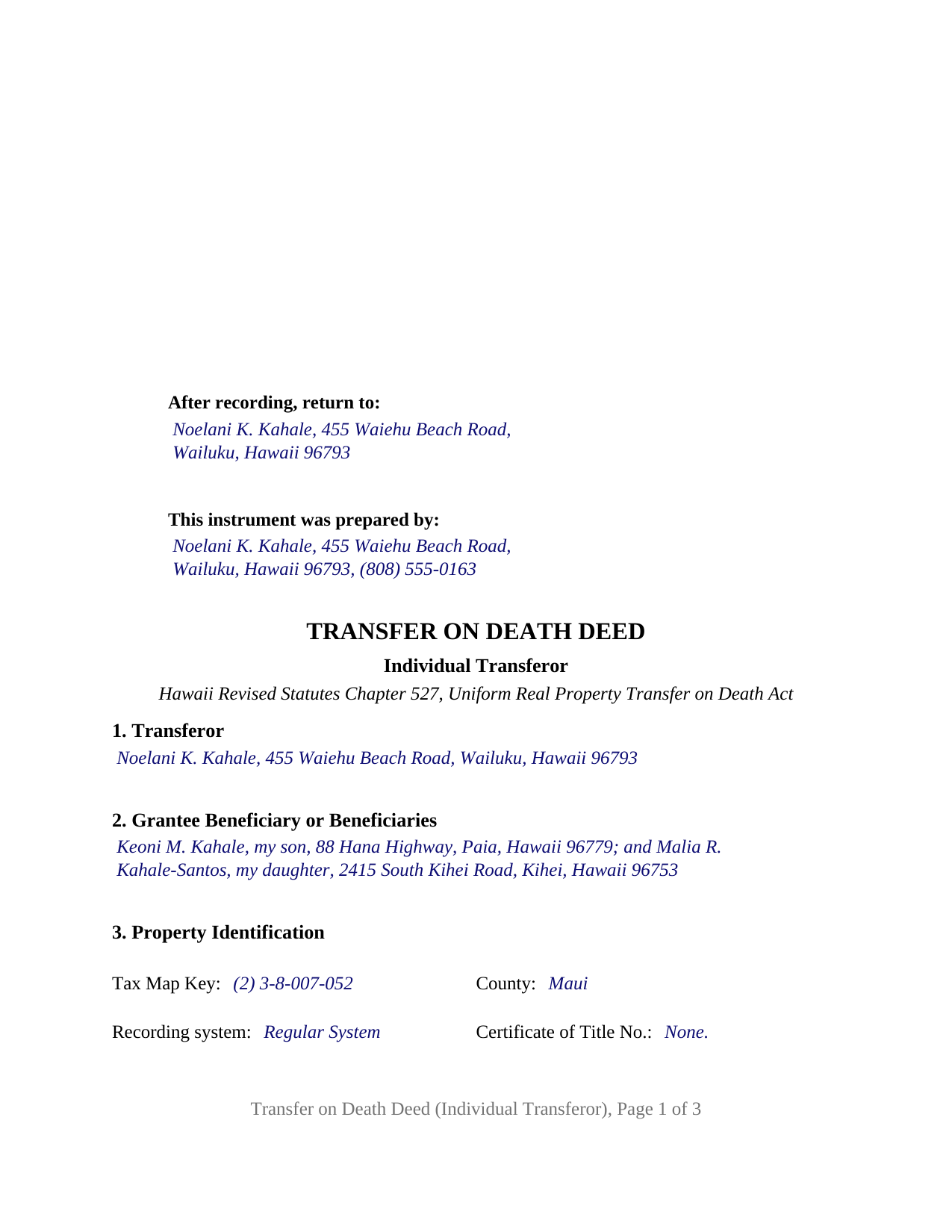 Maui County Completed Example of the Transfer on Death Deed (Individual Transferor) Document