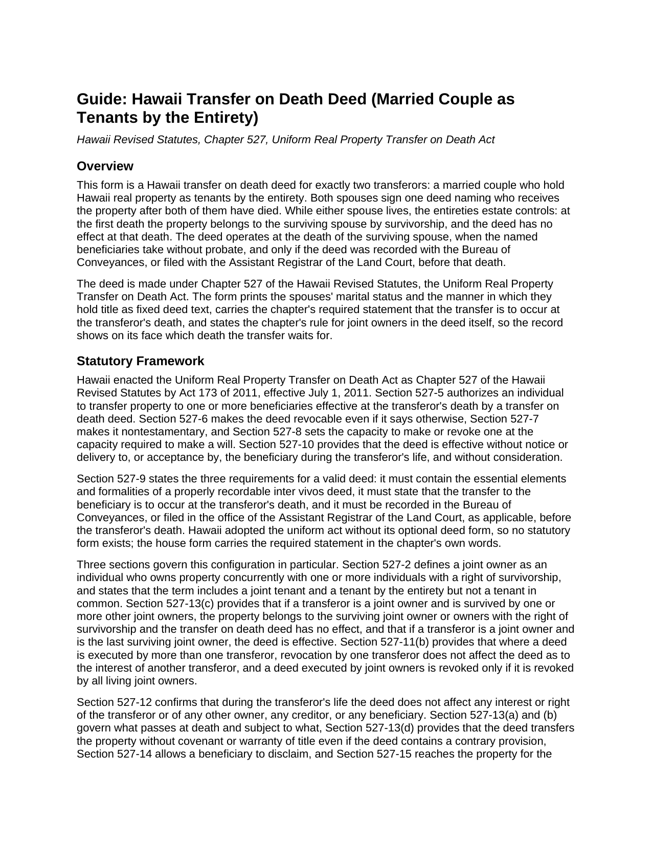 Maui County Transfer on Death Deed (Married Couple as Tenants by the Entirety) Guide