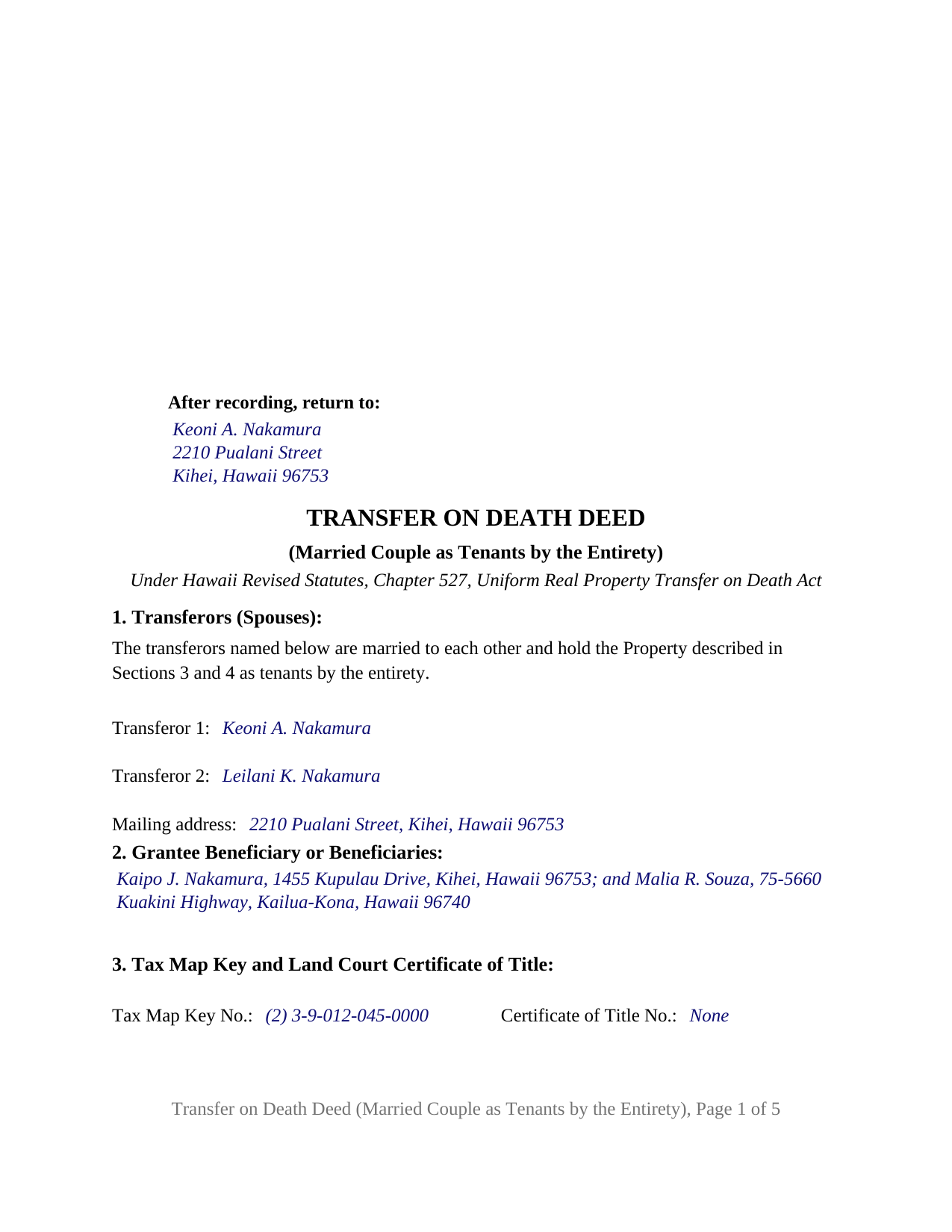 Maui County Completed Example of the Transfer on Death Deed (Married Couple as Tenants by the Entirety) Document