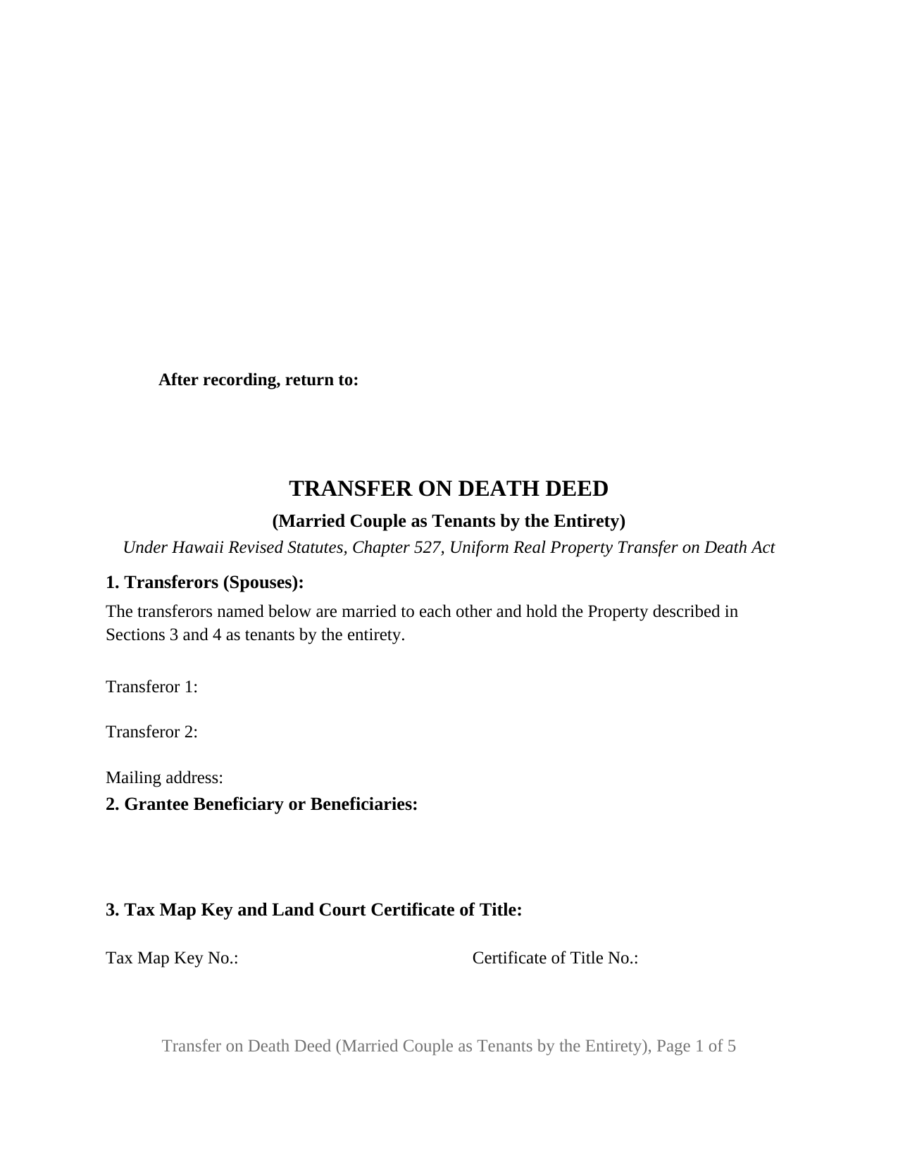 Maui County Transfer on Death Deed (Married Couple as Tenants by the Entirety) Form