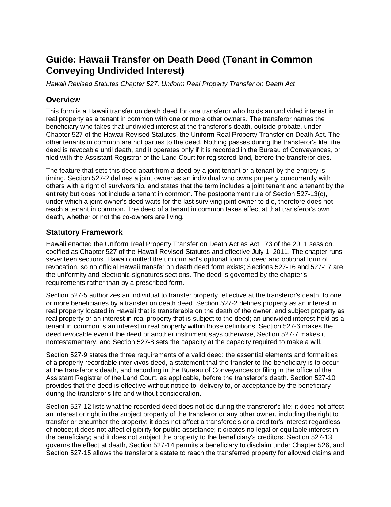 Maui County Transfer on Death Deed (Tenant in Common Conveying Undivided Interest) Guide