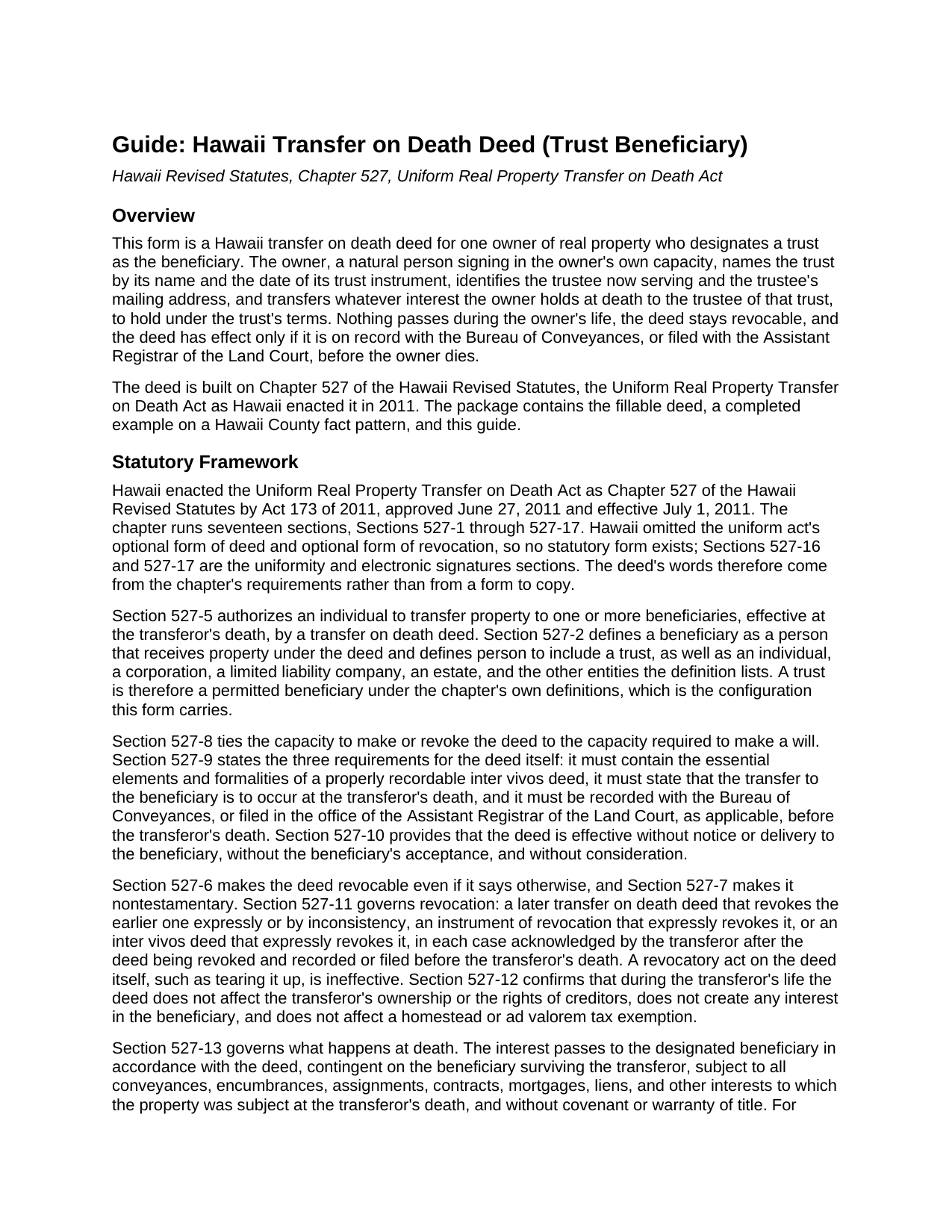 Maui County Transfer on Death Deed (Trust Beneficiary) Guide