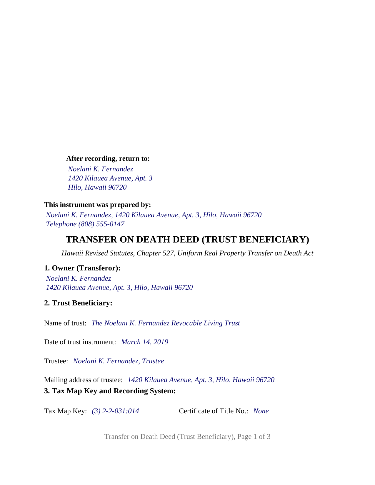 Maui County Completed Example of the Transfer on Death Deed (Trust Beneficiary) Document