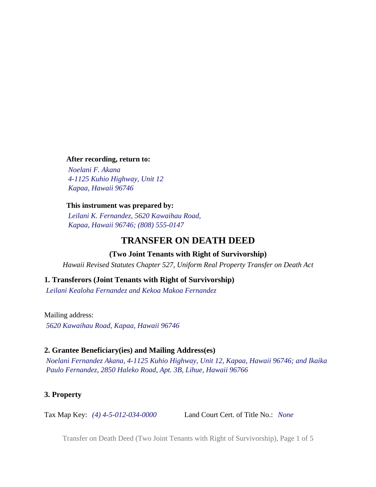 Maui County Completed Example of the Transfer on Death Deed (Two Joint Tenants with Right of Survivorship) Document