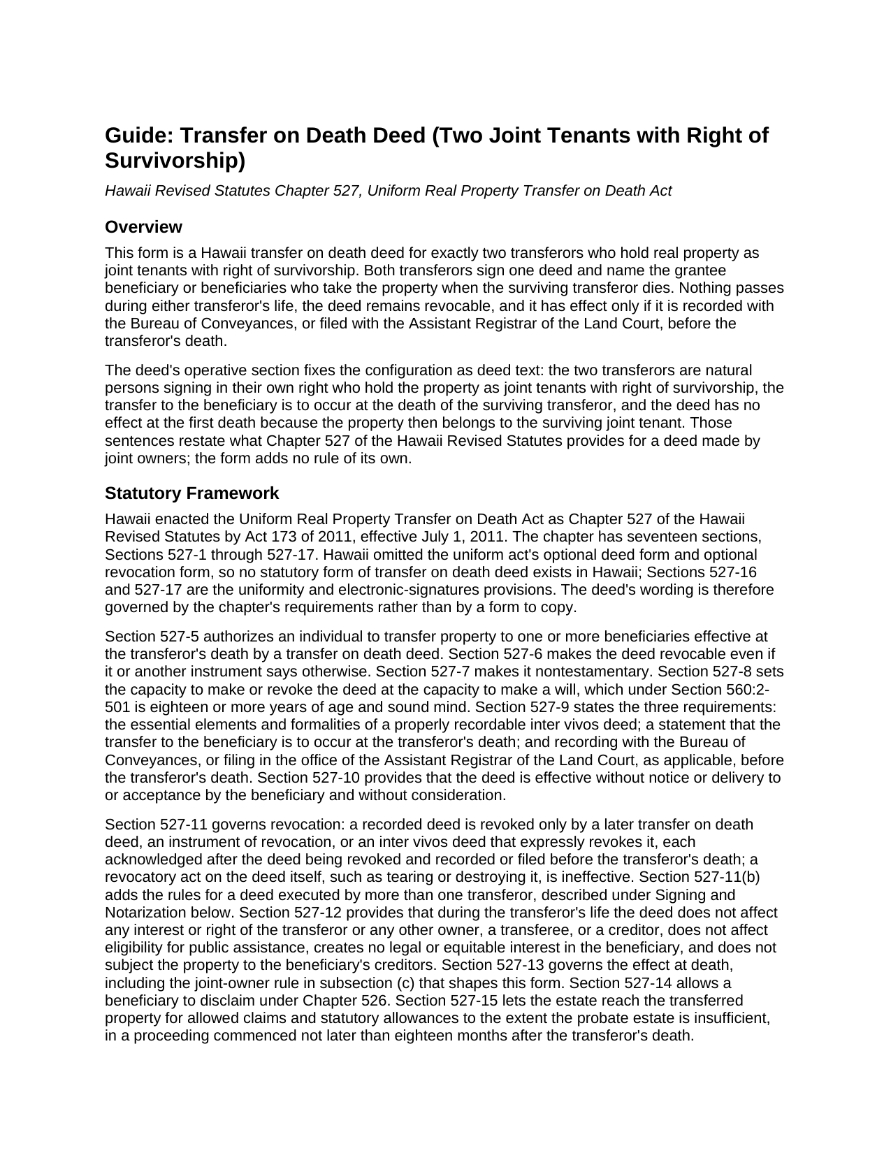 Maui County Transfer on Death Deed (Two Joint Tenants with Right of Survivorship) Guide