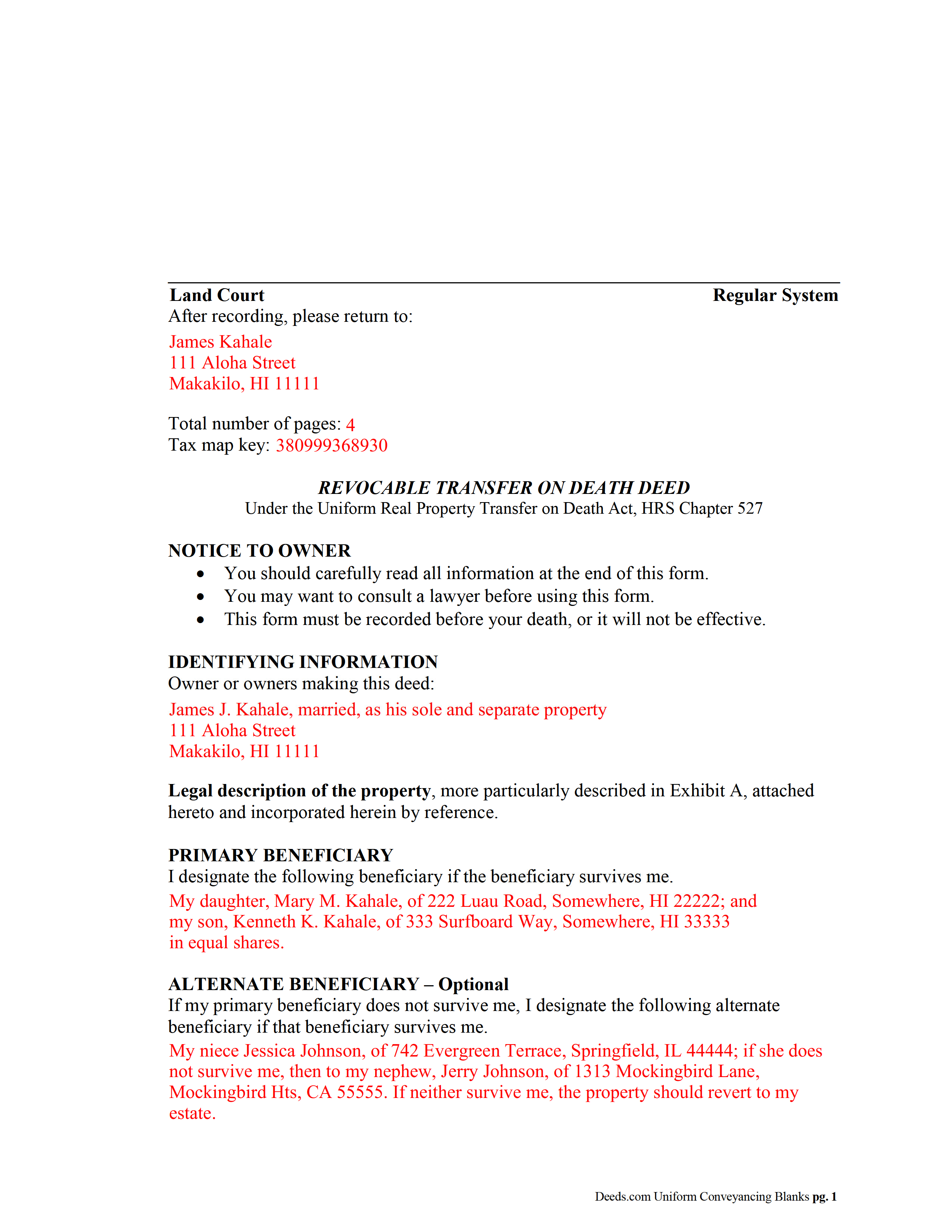 Hawaii County Completed Example of the Transfer on Death Deed Document