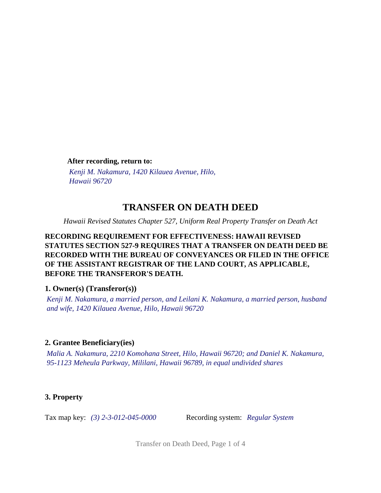 Maui County Completed Example of the Transfer on Death Deed Document
