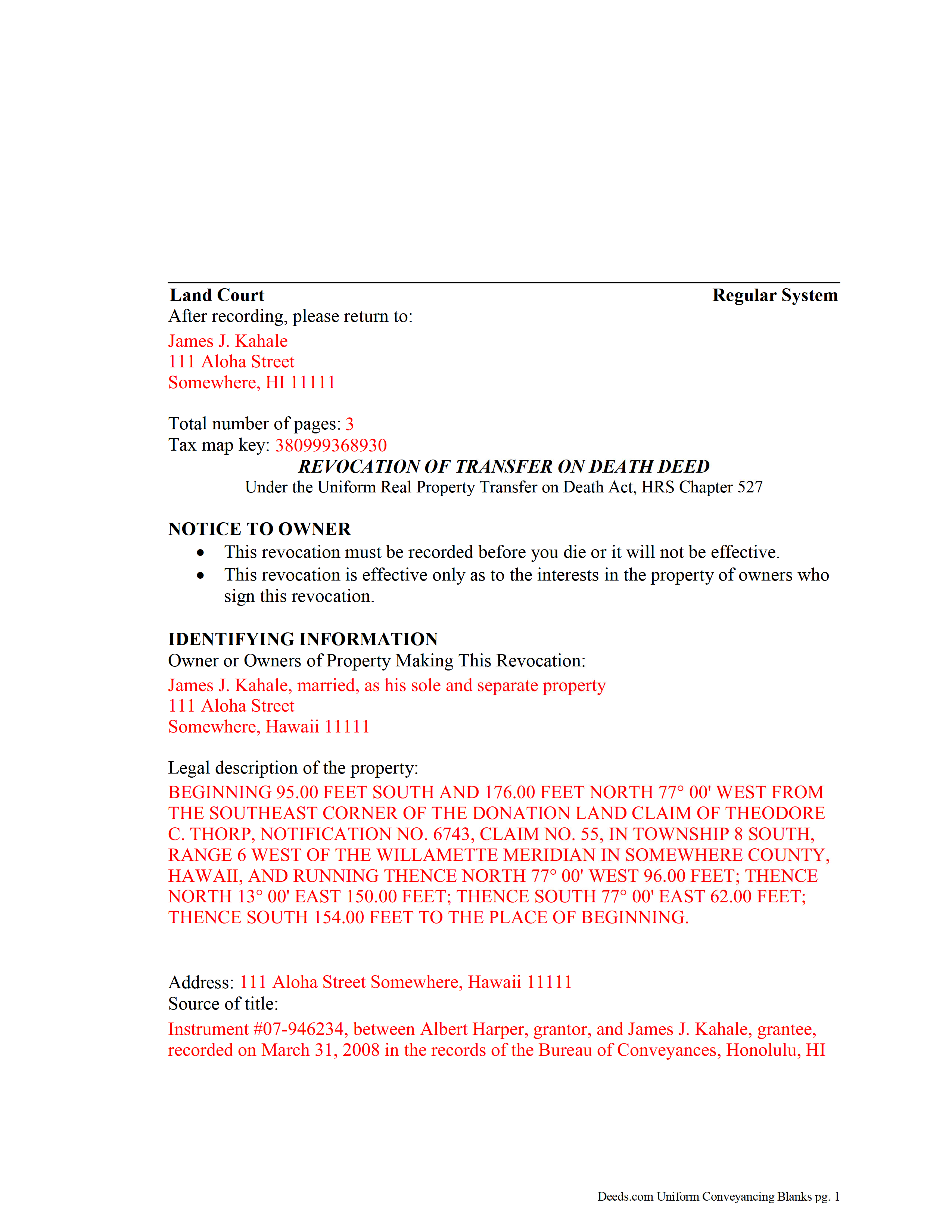 Completed Example of the Revocation of Transfer on Death Deed Document