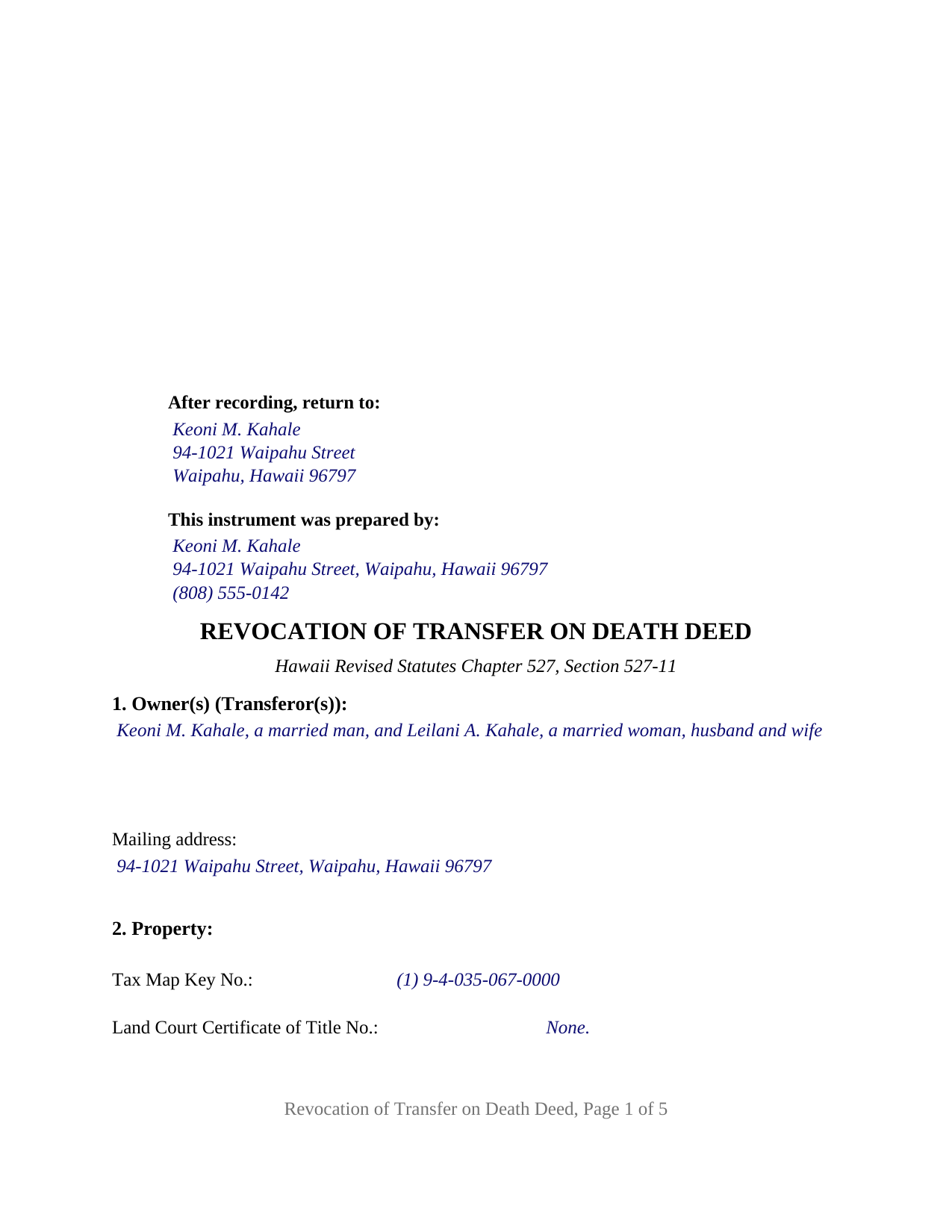 Maui County Completed Example of the Transfer on Death Revocation Document
