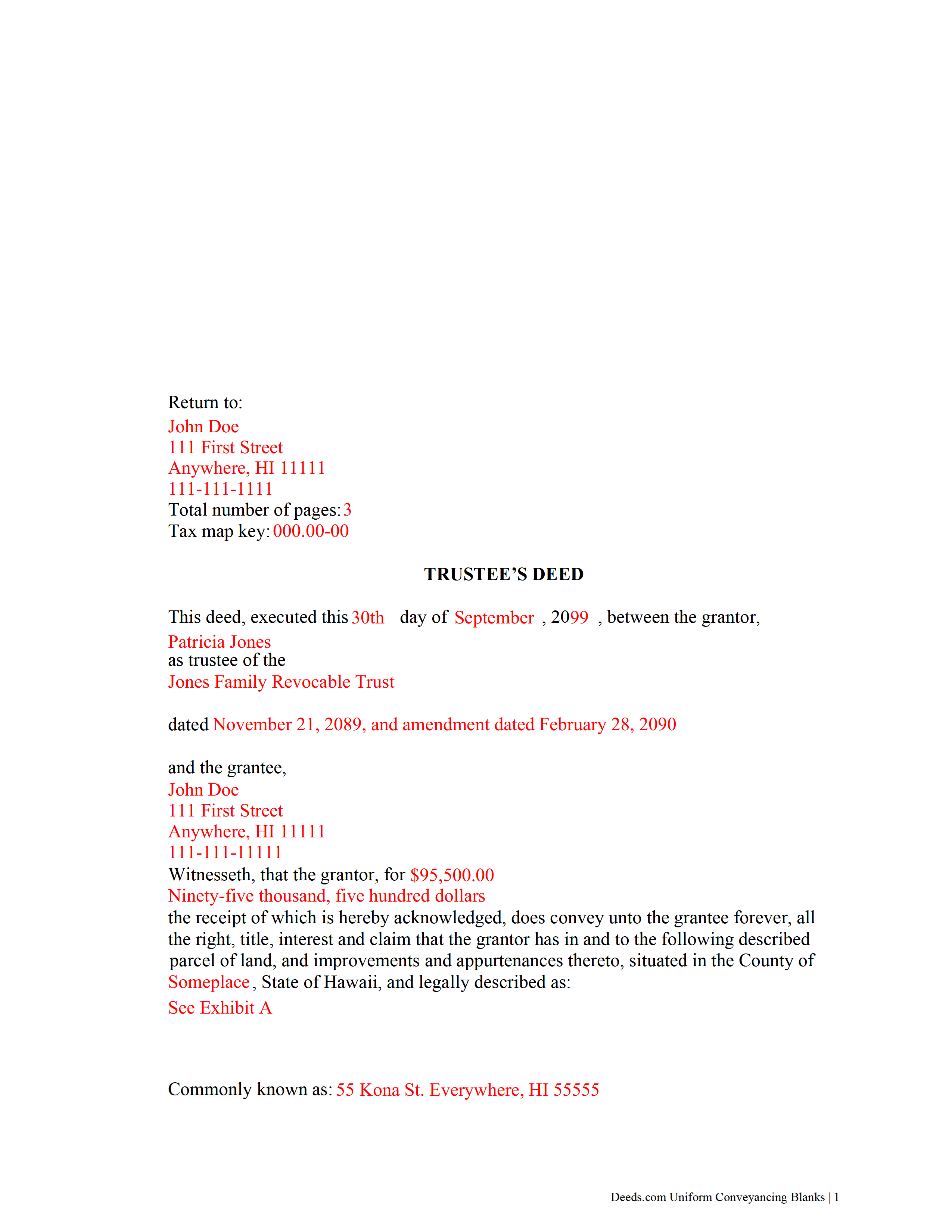 Maui County Completed Example of the Trustee Deed Document