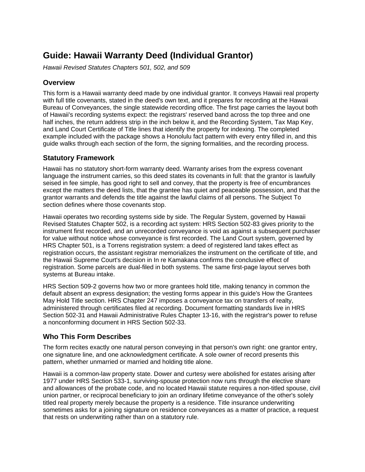 Honolulu County Warranty Deed (Individual Grantor) Guide