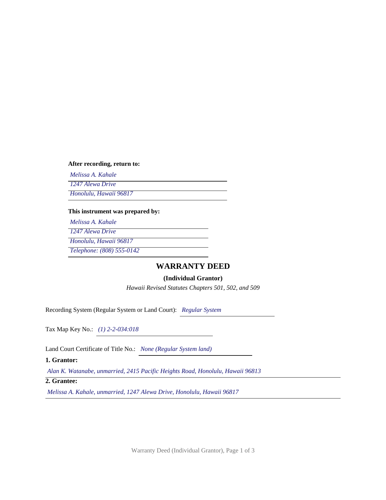 Honolulu County Completed Example of the Warranty Deed (Individual Grantor) Document