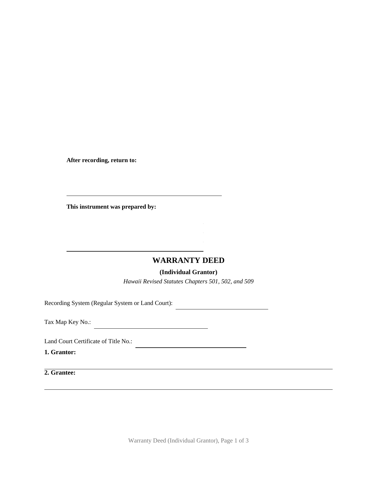Honolulu County Warranty Deed (Individual Grantor) Form