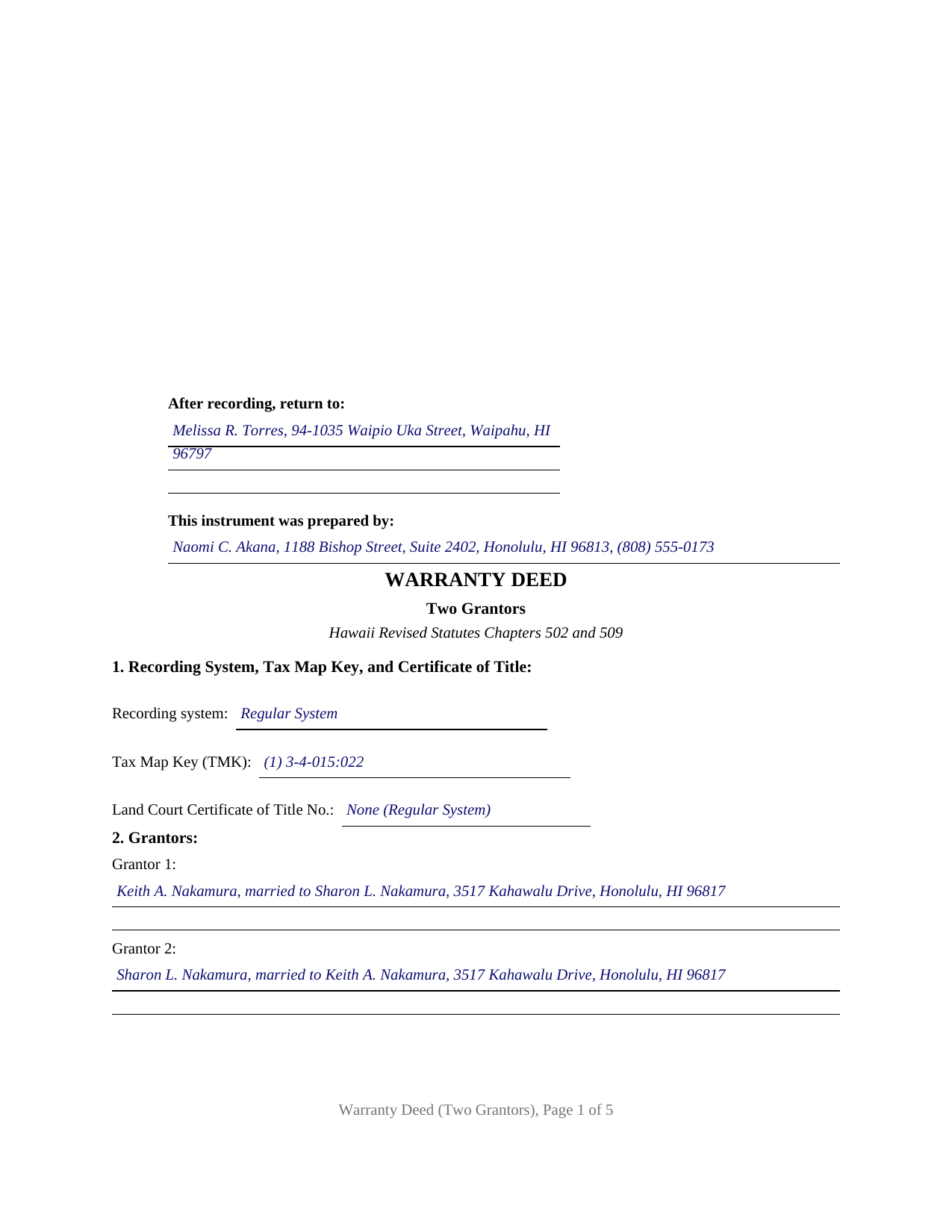 Honolulu County Completed Example of the Warranty Deed (Two Grantors) Document