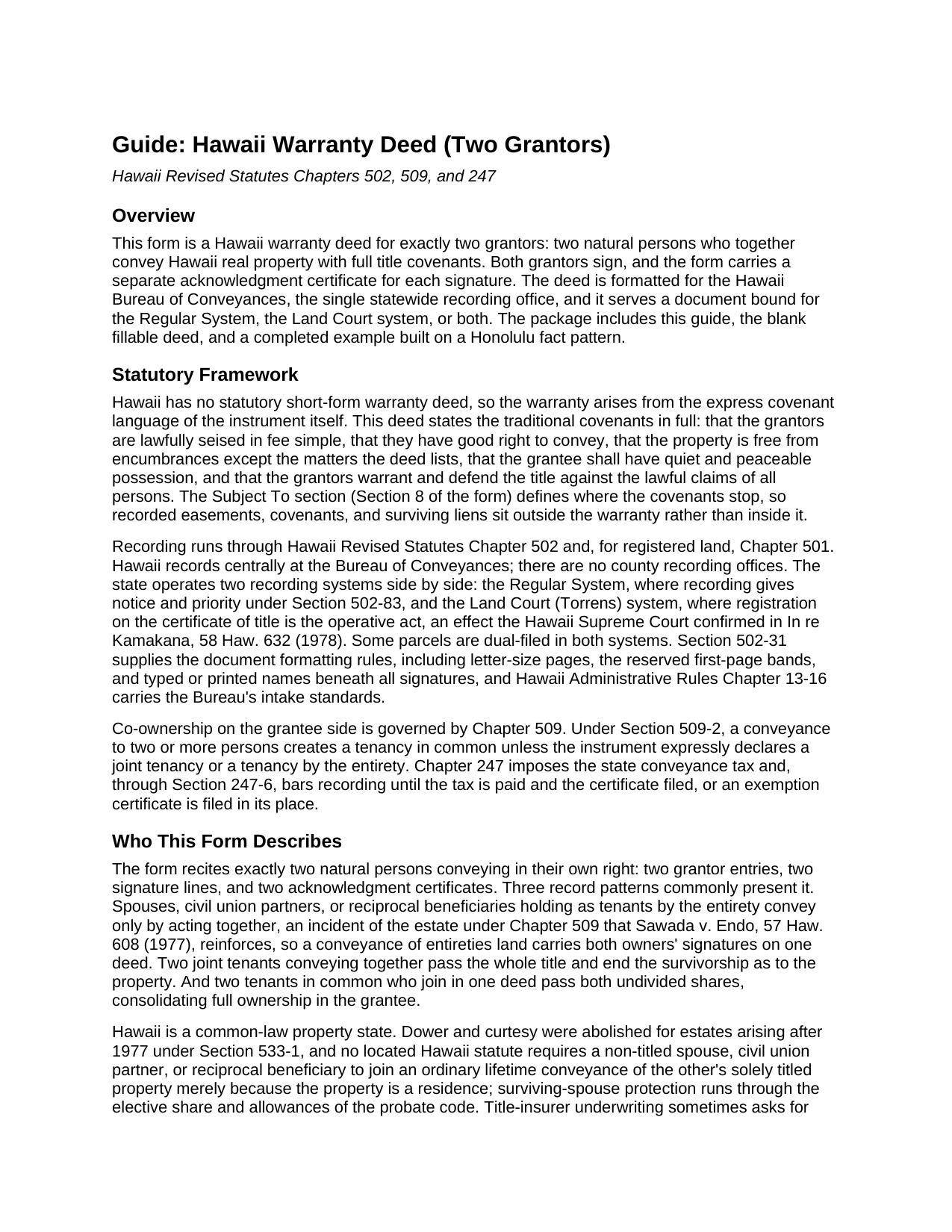 Honolulu County Warranty Deed (Two Grantors) Guide