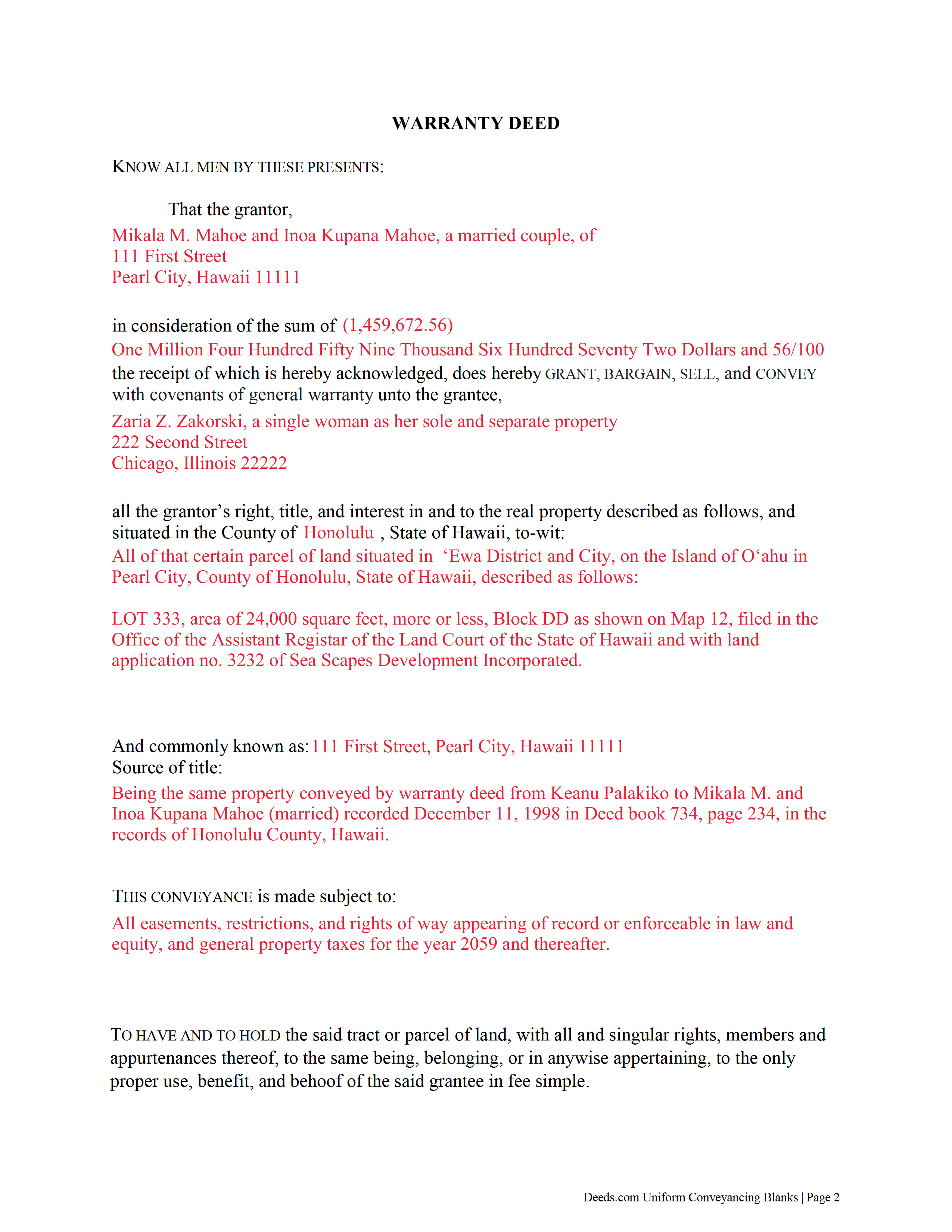 Maui County Completed Example of the Warranty Deed Document