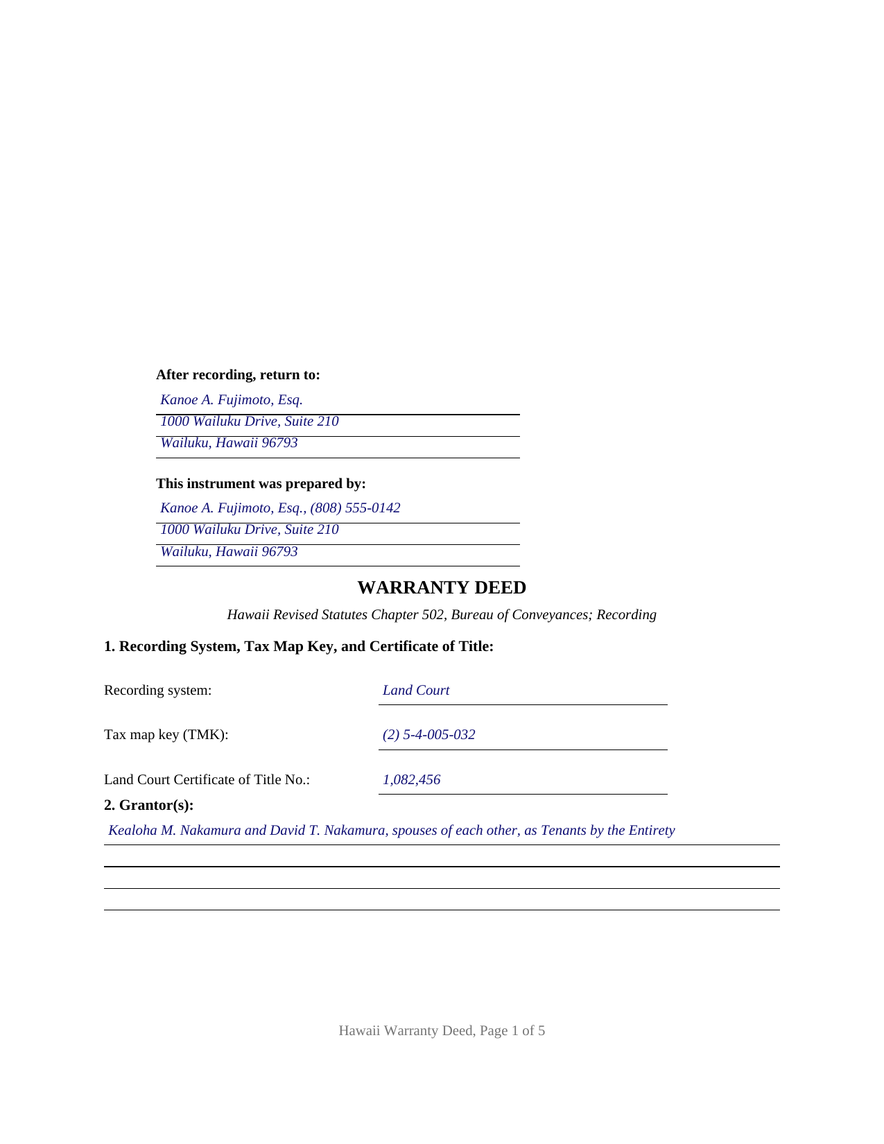 Honolulu County Completed Example of the Warranty Deed Document