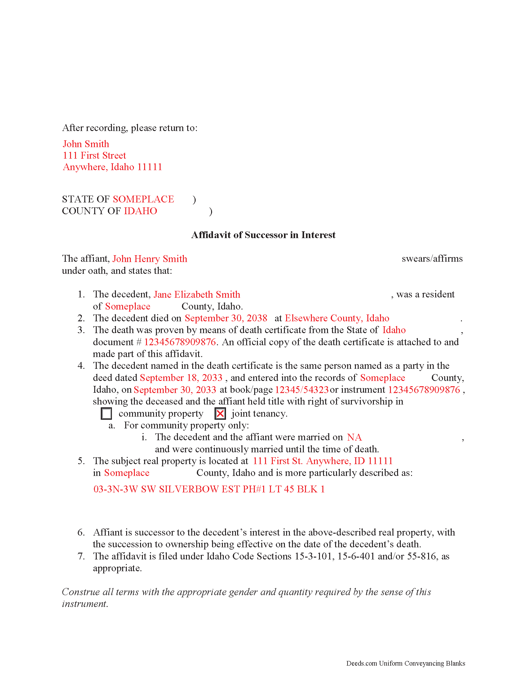 Completed Example of the Affidavit of Successor Document