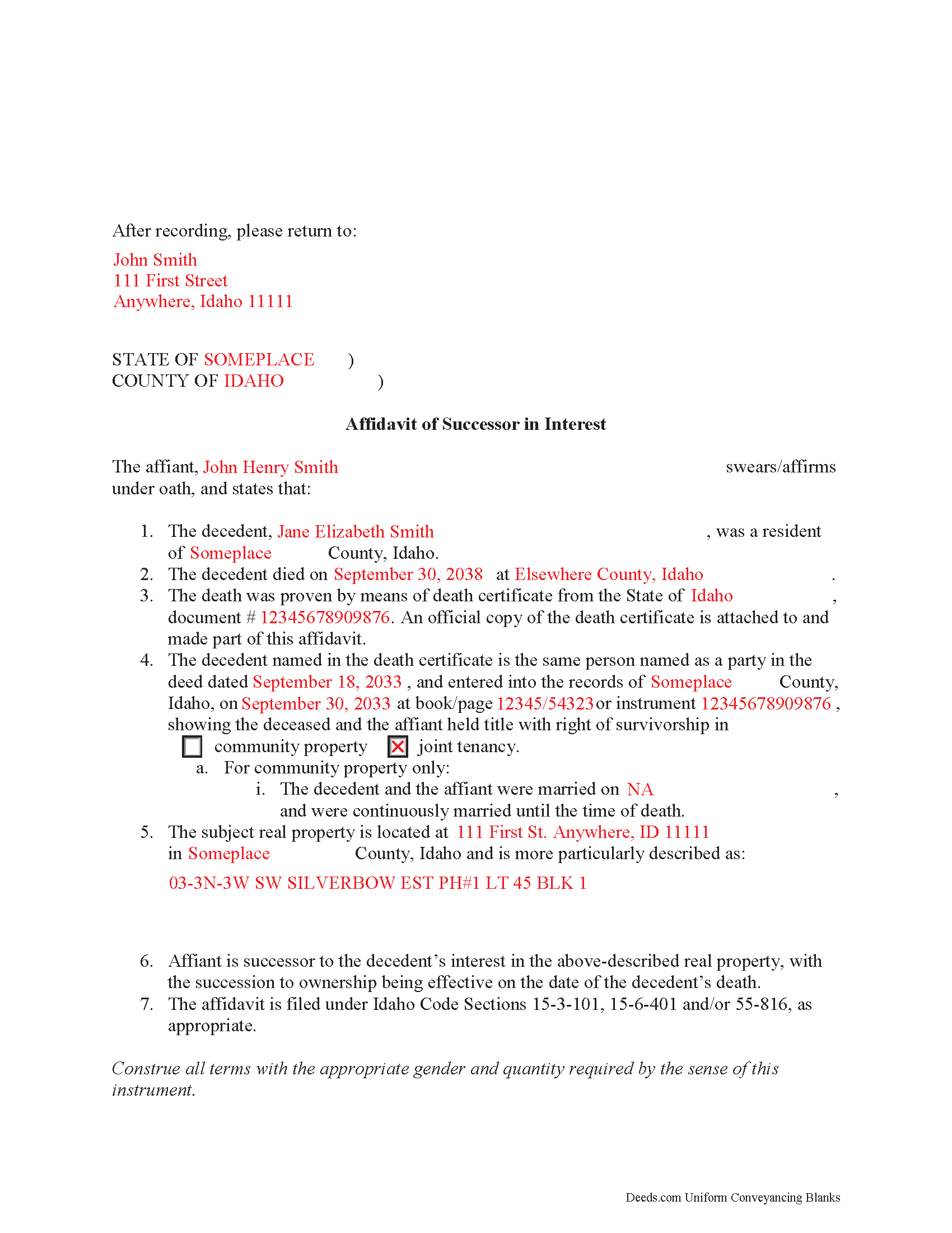 Clearwater County Completed Example of the Affidavit of Successor Document