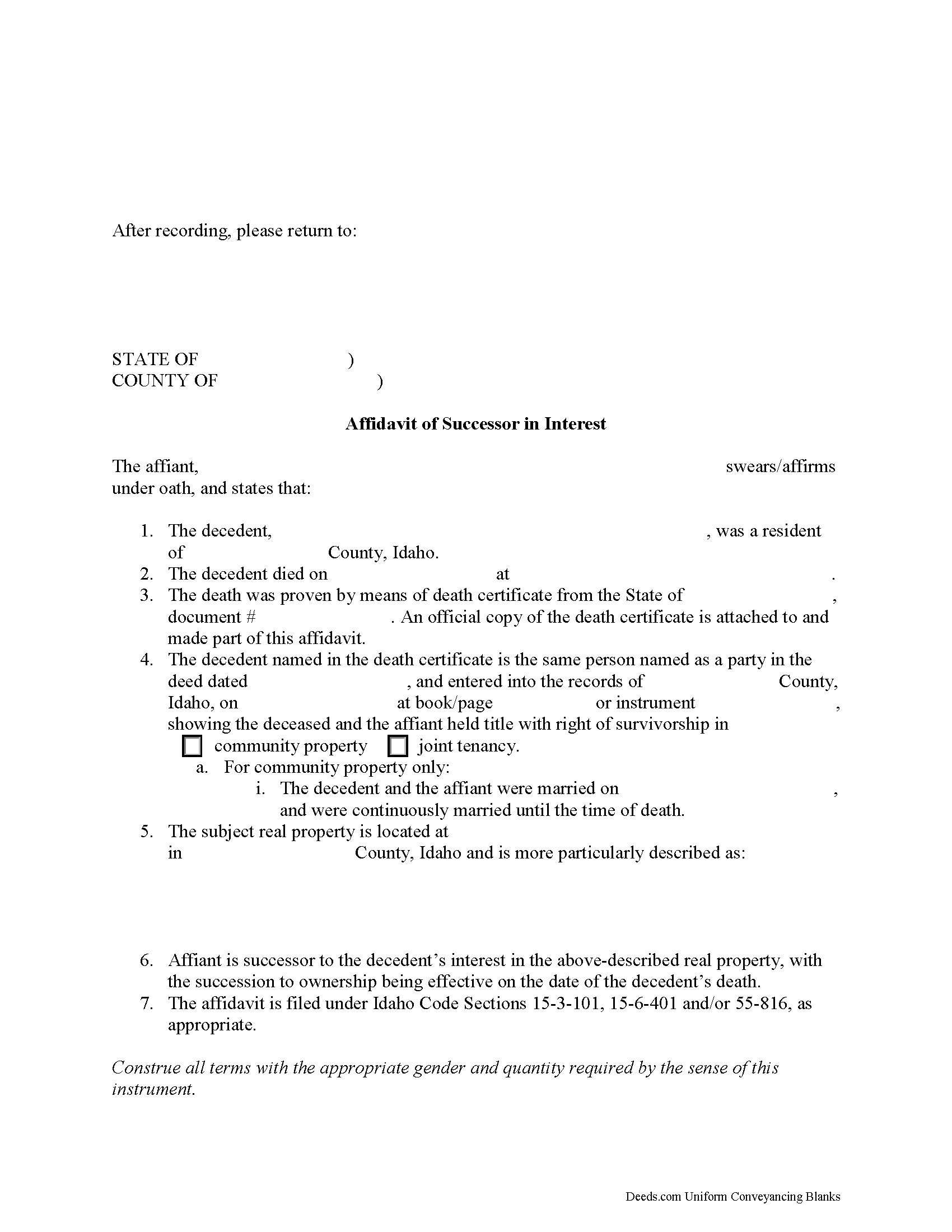 Clearwater County Affidavit of Successor Form