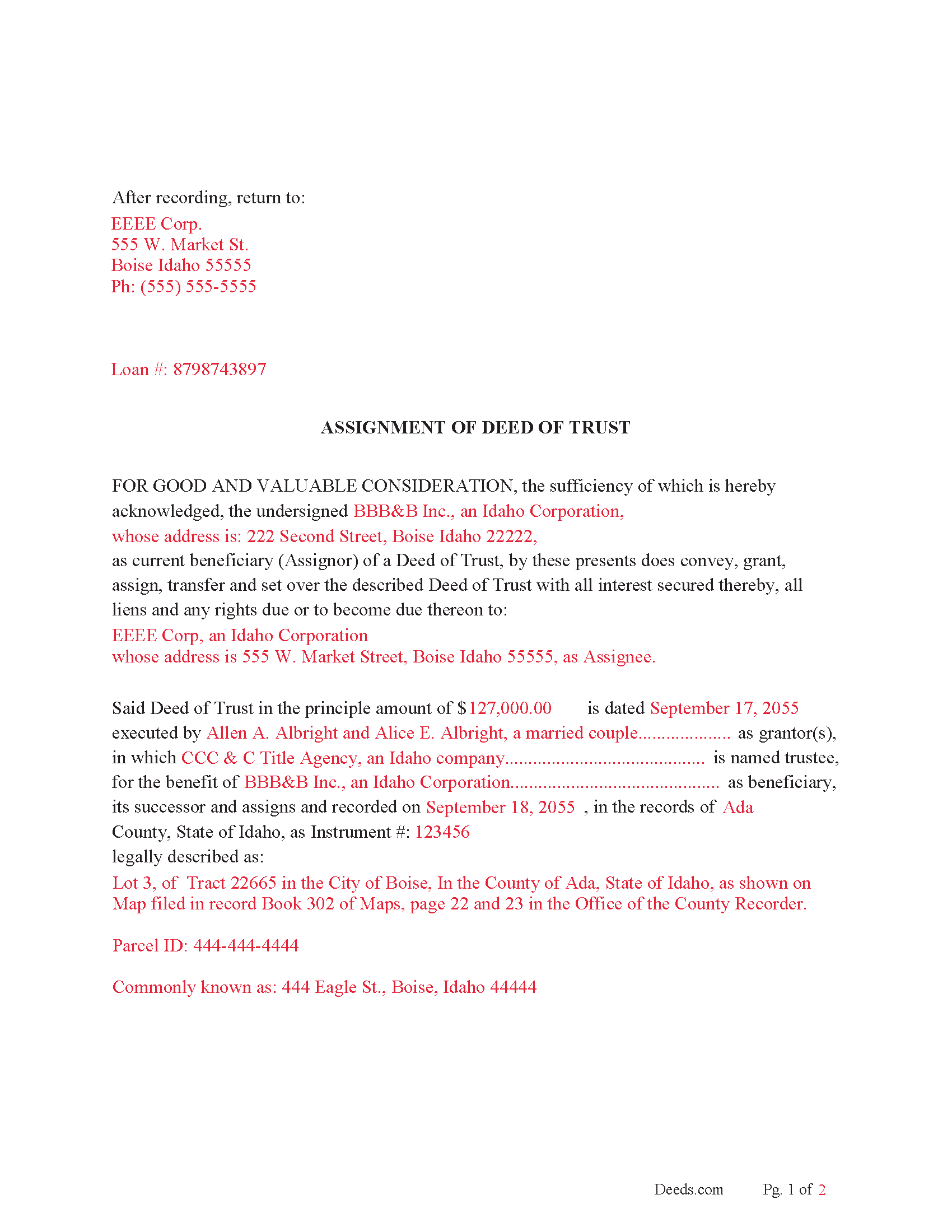Ada County Completed Example of the Assignment of Deed of Trust Document