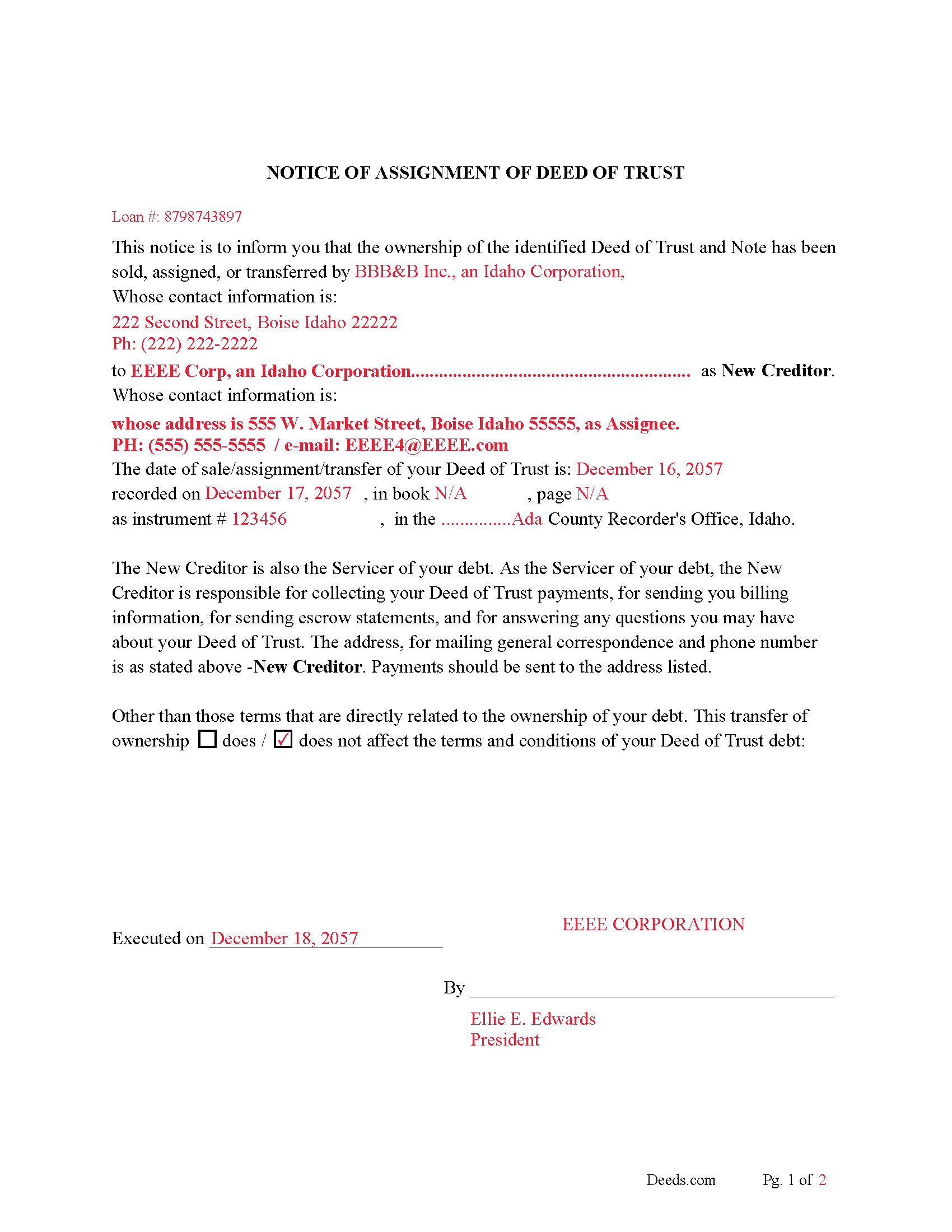 Completed Example of the Notice of Assignment of Deed of Trust Document