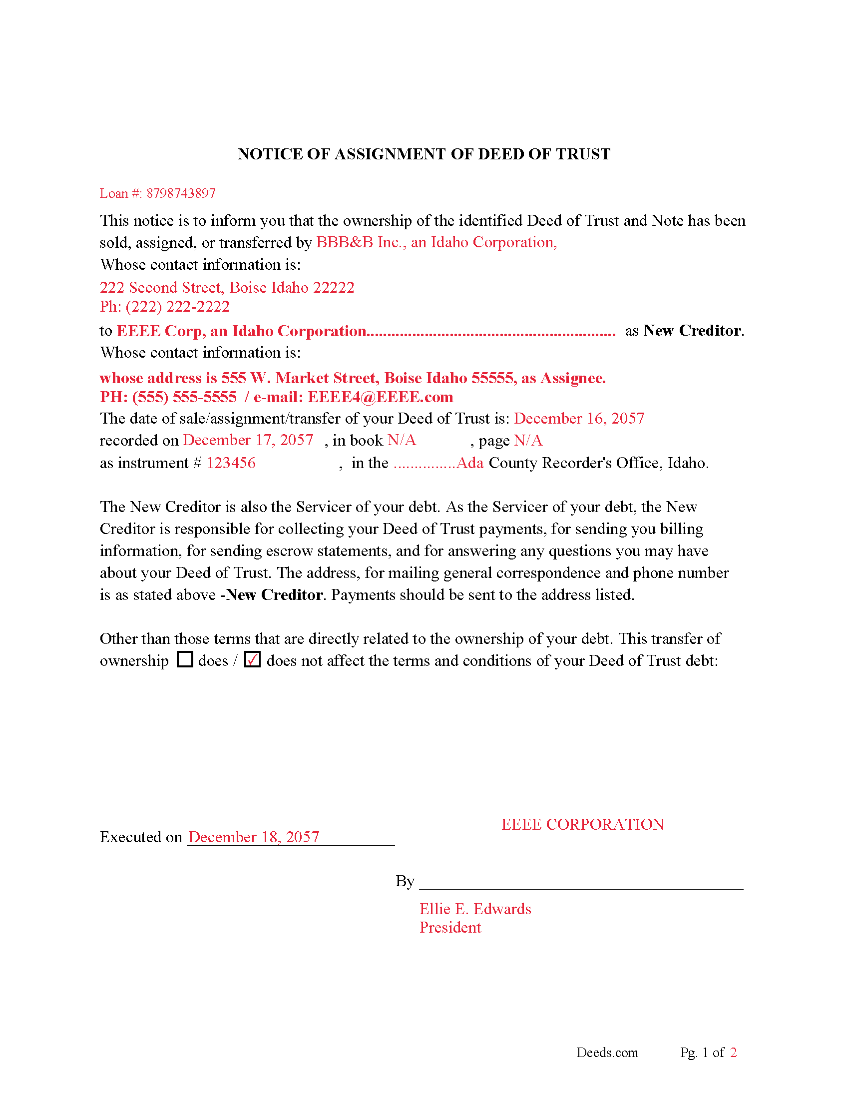 Ada County Completed Example of the Notice of Assignment of Deed of Trust Document