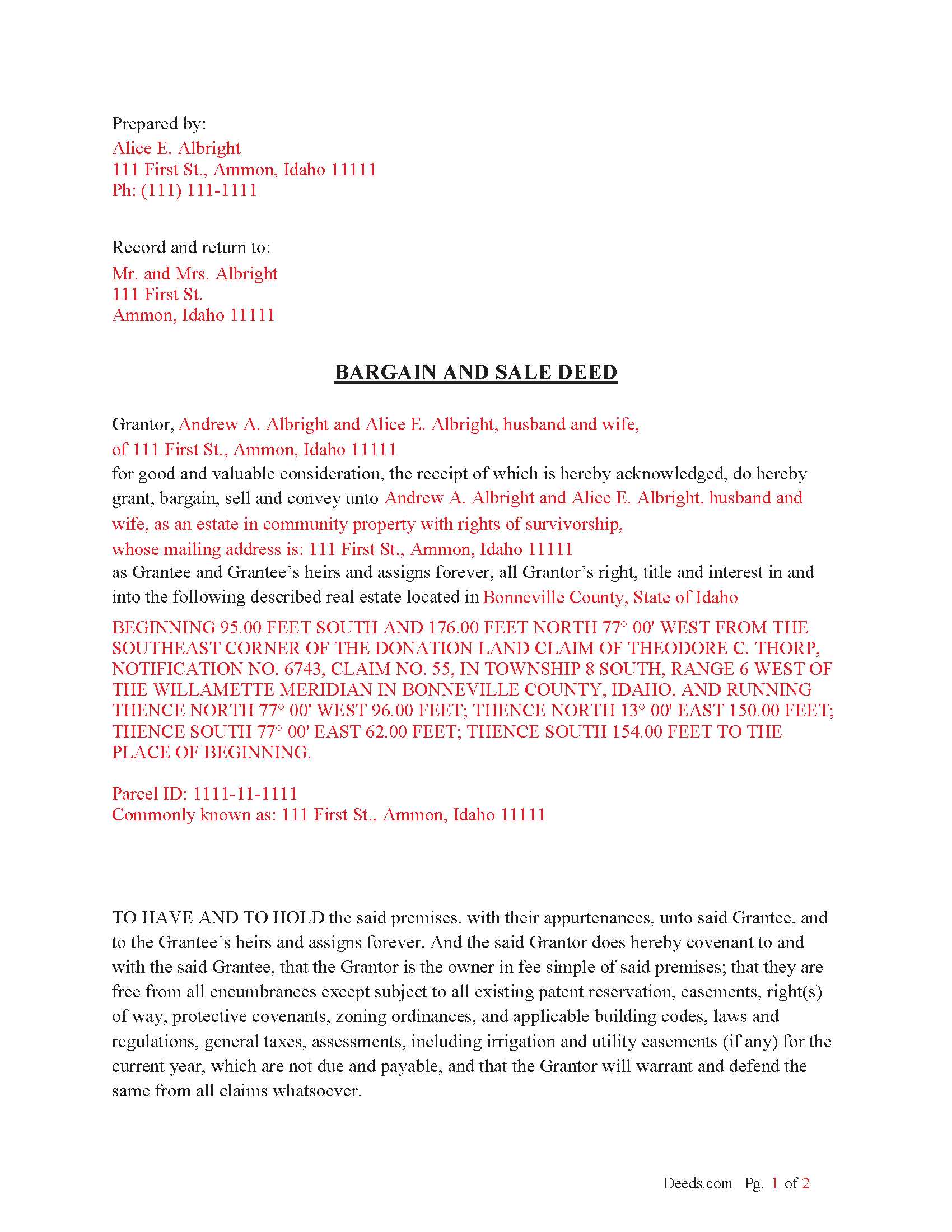 Bear Lake County Completed Example of the Bargain and Sale Deed Document