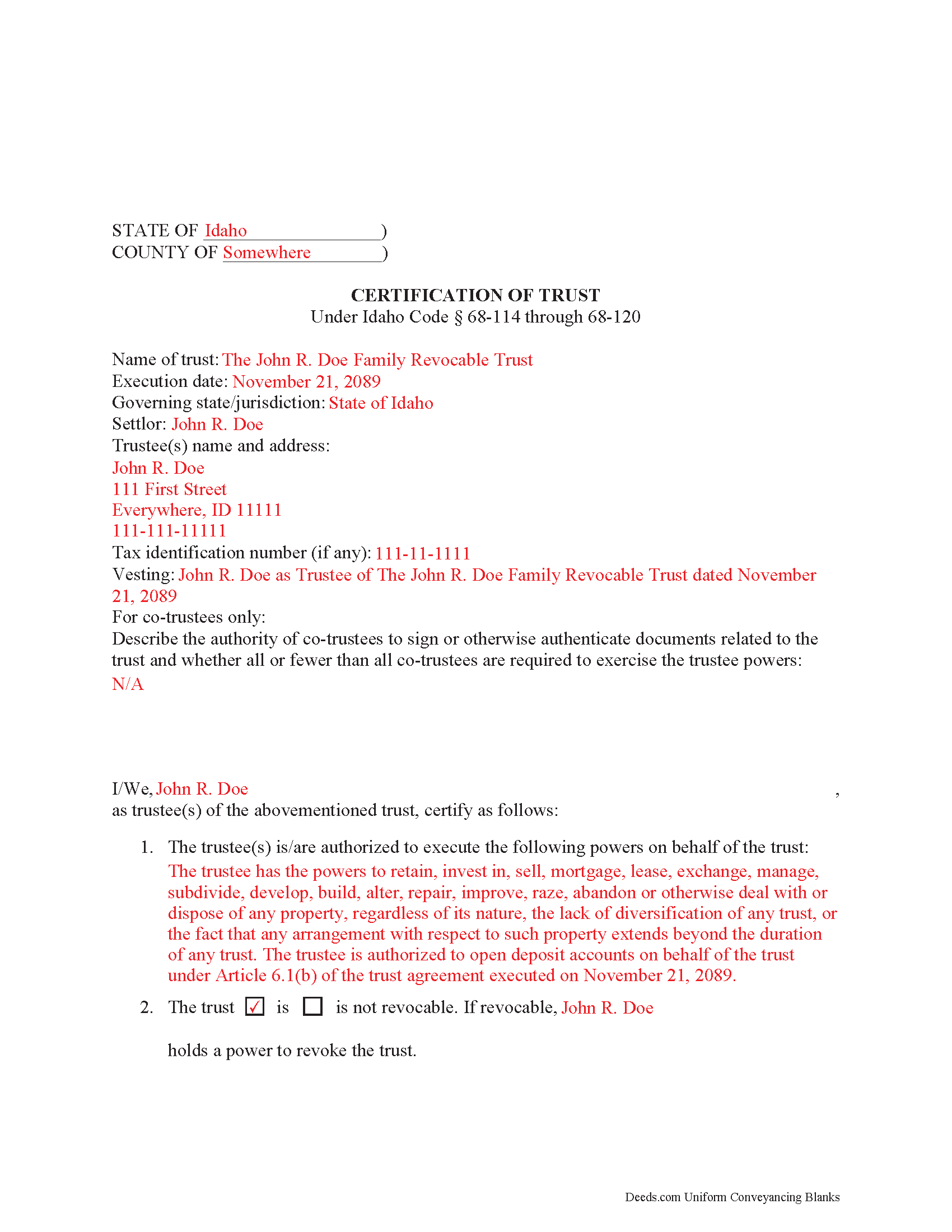 Clearwater County Completed Example of the Certificate of Trust Document