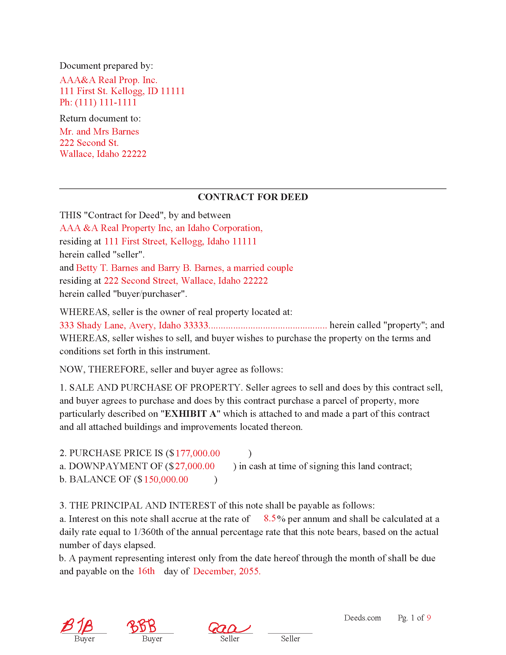 Bear Lake County Completed Example of the Contract for Deed Document