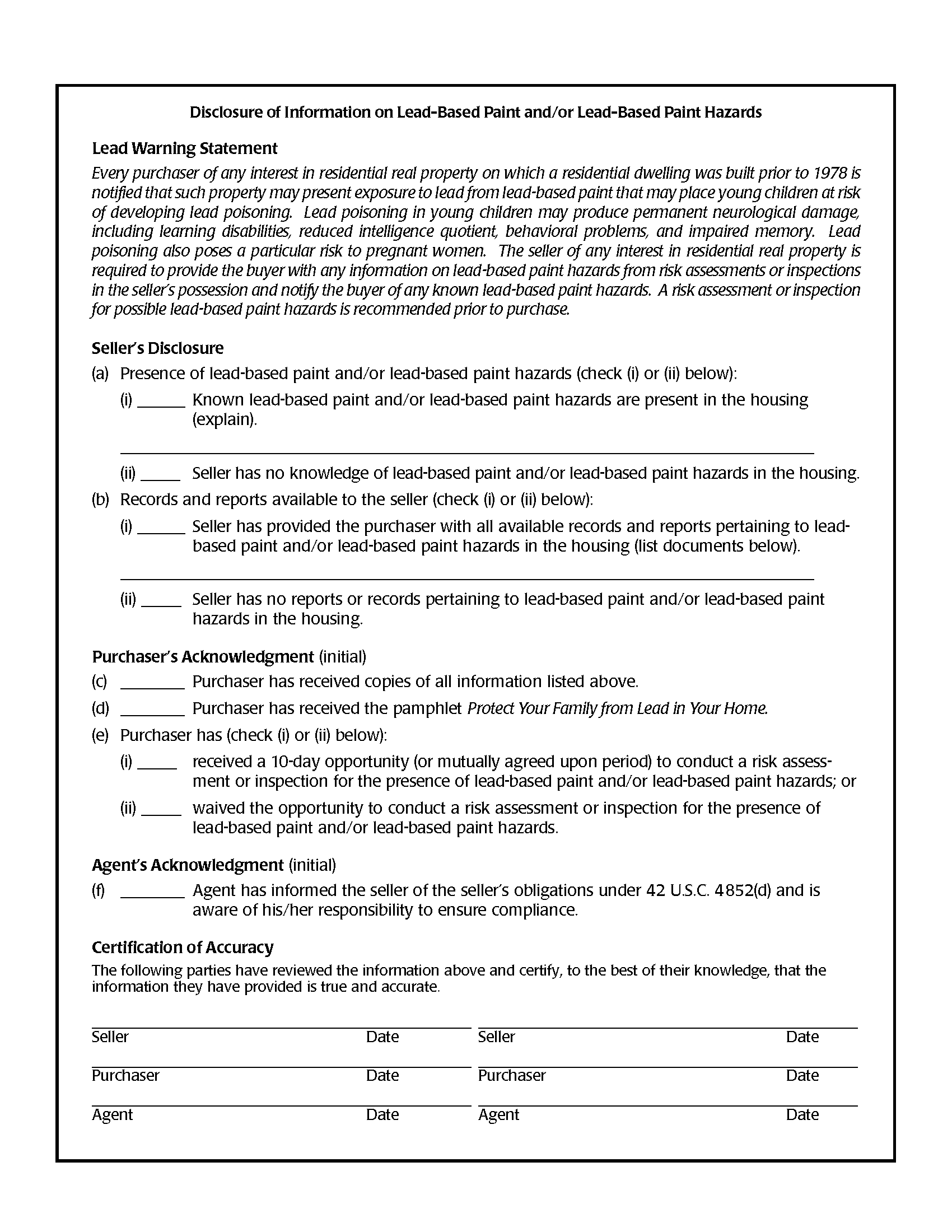 Bear Lake County Lead Based Paint Disclosure Form