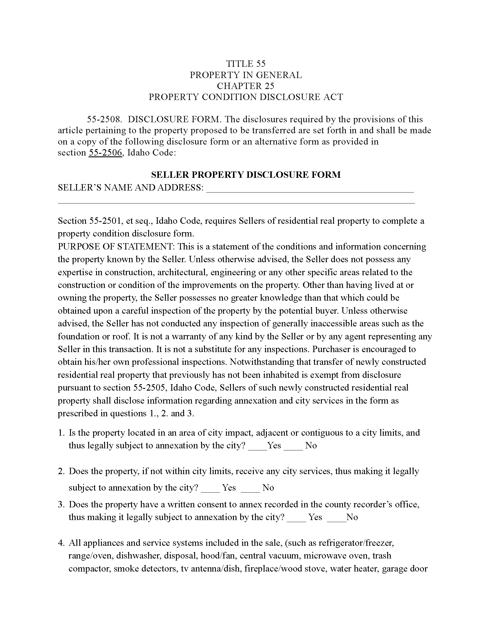 Gem County Sellers Residential Property Disclosure Form