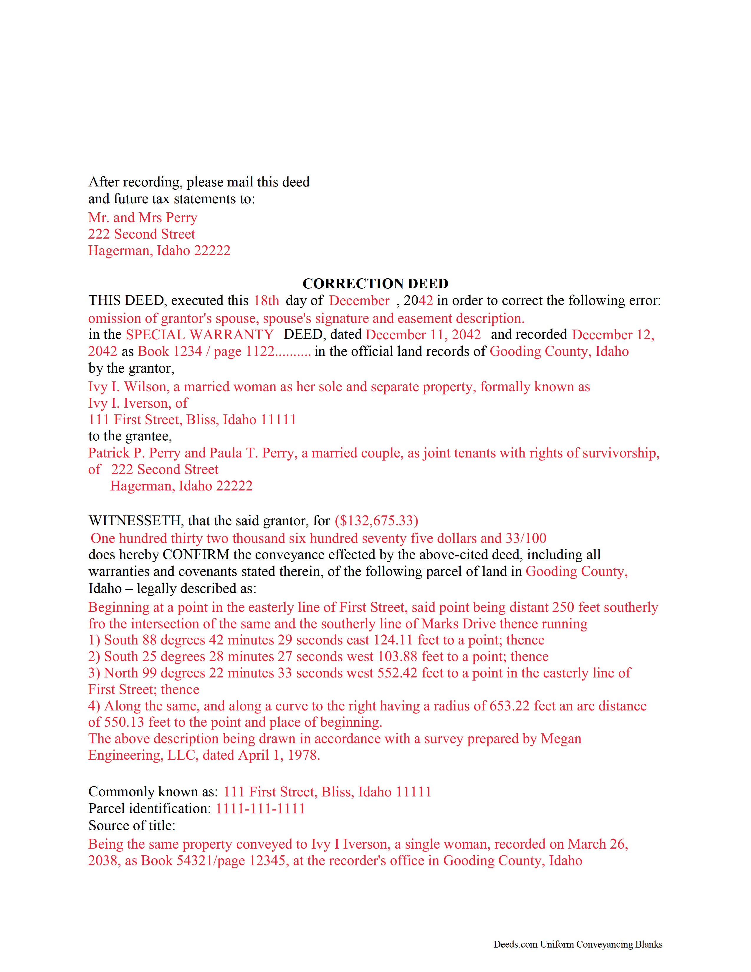 Bear Lake County Completed Example of the Correction Deed Document