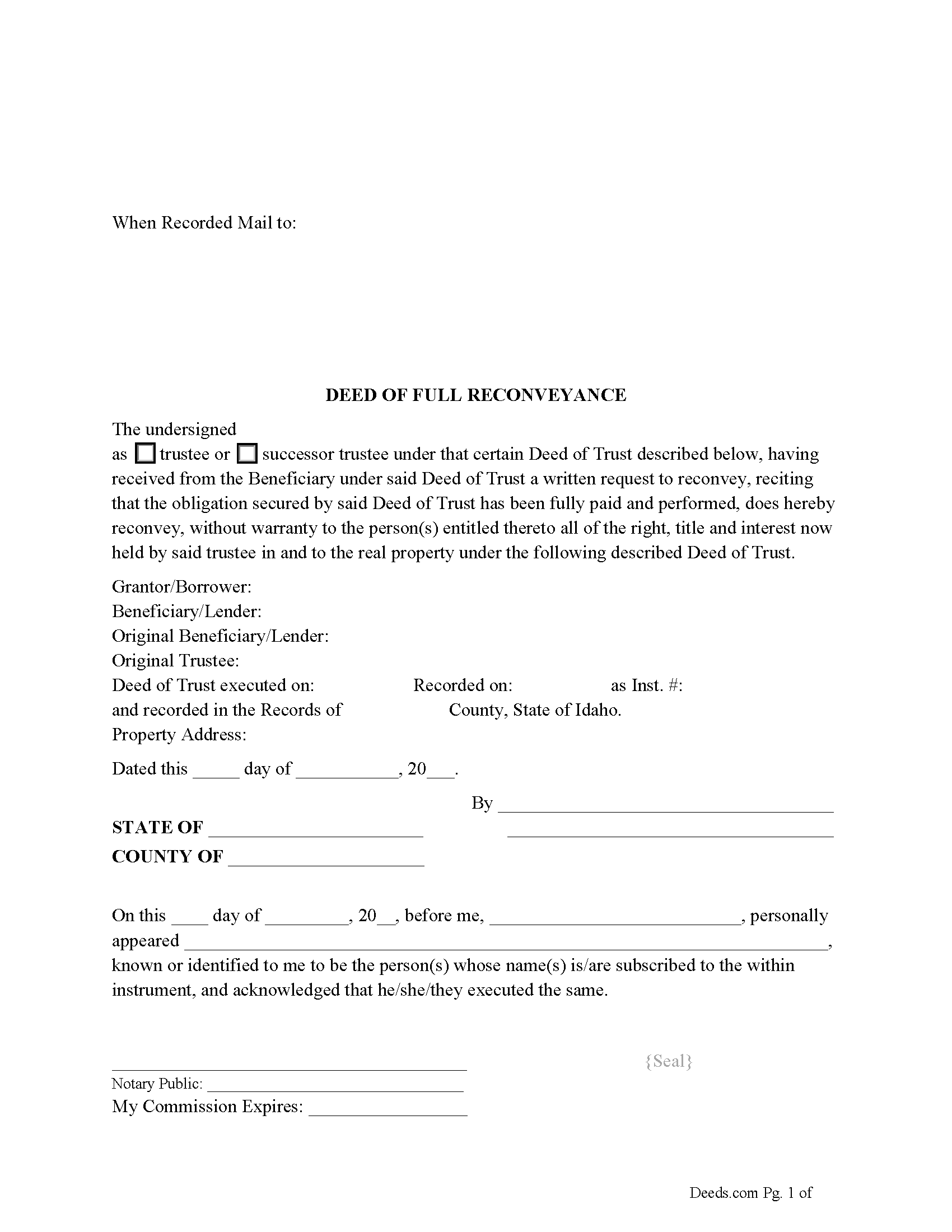 Deed of Full Reconveyance Form